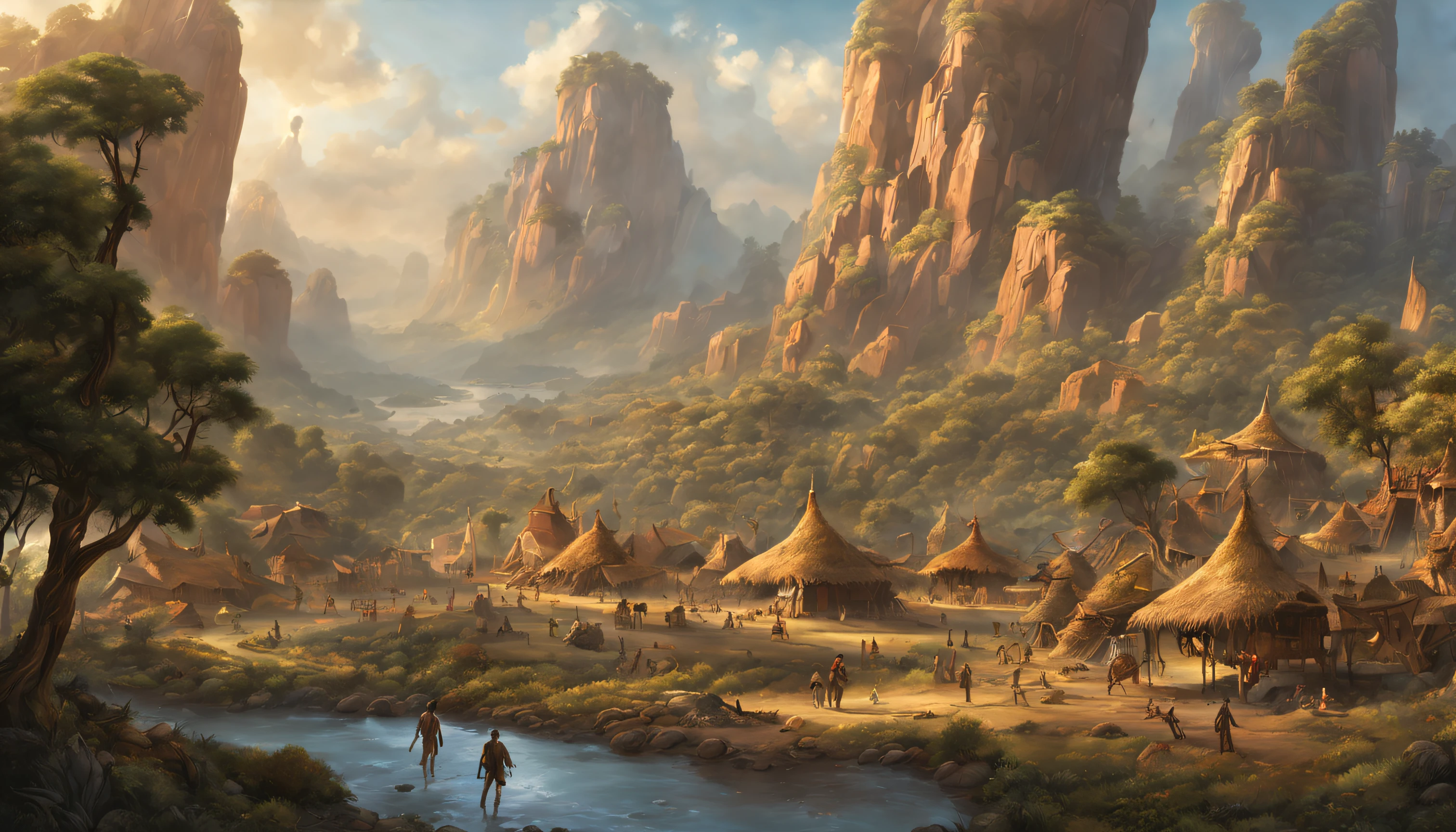 A vivid image of the Stone Age environment, Features primitive human settlements surrounded by fantastic landscapes. The settlement is surrounded by vast, Untouched wilderness, Including towering cliffs, massive trees, And the winding river. Houses in settlements are made of mammoth bones, Animal skins, And, In particular, Giant skull of an ancient giant, Give them an impressive look from another world. In the village, Prehistoric humans、Depicted engaged in various activities such as hunting, gather, And take care of a joint fire in the center. These humans are、Looks small compared to the vast environment, Make them look like ants in a world ruled by giants. however, When the sky above the settlement is illuminated by the arrival of an alien spaceship,、Unexpected and awe-inspiring events unfold. The presence of these aliens、Different from anything prehistoric humans have ever encountered, Has advanced technology and otherworldly characteristics. Aliens descend on settlements with eerie force, otherworldly glow, Casting ominous shadows on a pristine landscape.