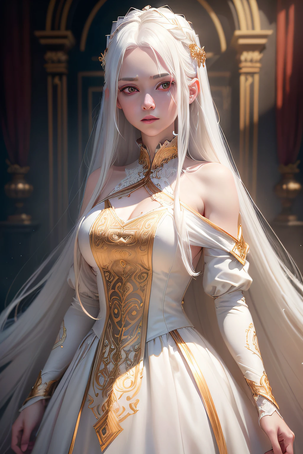 (best quality,8k,ultra-detailed:1.2),(pale,glowing skin),(red eyes:1.1),(cinematic lighting:1.1),(dark,dim),(long flowing white hair),(beautiful intricate face,detailed features),(golden white dress:silky),(intense gaze),(viewing audience),(unbelievably detailed 8K CG wallpaper),(artistic cinematic lighting with neutral filter),(like a scene from a movie:1.1)