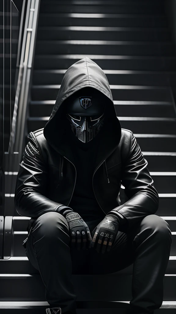 Badass👑, hooded man upside down, skull mask, wistful, Olhos cinzentos Sentados em uma escada, fundo neon preto, Epic lighting, Photography Lighting, reflection mapping, ultra detalhado, fotorrealista, cinemactic, movie quality rendering, vfx post production, rtx ray tracing lighting, atmosfera mal-humorada, Sombra, Epic lighting, Photography Lighting, reflection mapping, ultra detalhado, fotorrealista, cinemactic, movie quality rendering, vfx post production, rtx ray tracing lighting, atmosfera mal-humorada, Sombra, so sad in the rain, Cristo, Dia escuro, hiper detalhado, High detail, detalhe requintado por Canon EOS, quadris largos, chast largo, Retrato de corpo inteiro, Lente 600mm, Sony Alpha α7, epics, Dramatic, Cinematic lighting, alto contraste, 8k, foto realista, designer de personagens