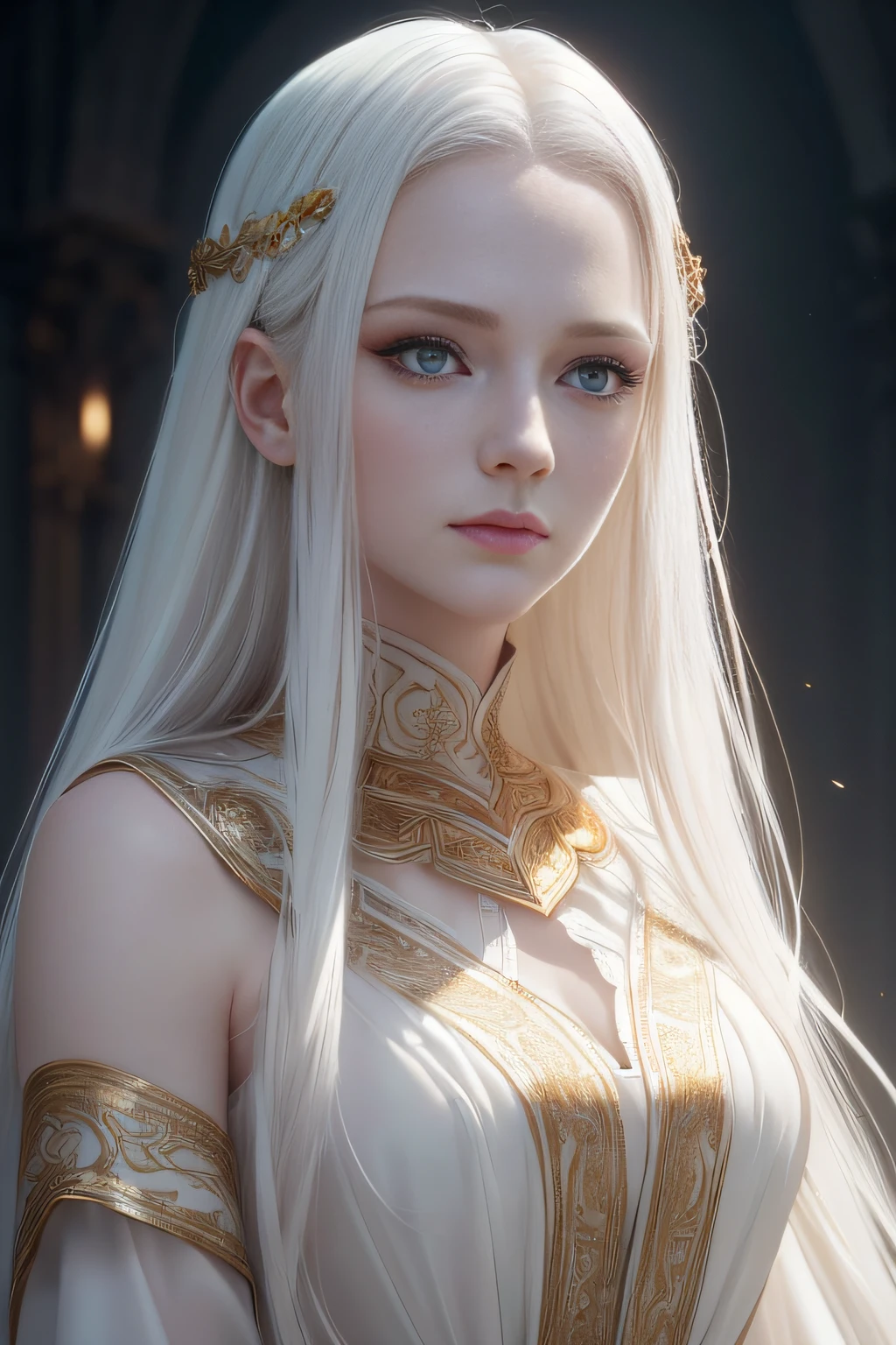 (best quality,8k,ultra-detailed:1.2),(pale,glowing skin),(red eyes:1.1),(cinematic lighting:1.1),(dark,dim),(long flowing white hair),(beautiful intricate face,detailed features),(golden white dress:silky),(intense gaze),(viewing audience),(unbelievably detailed 8K CG wallpaper),(artistic cinematic lighting with neutral filter),(like a scene from a movie:1.1)
