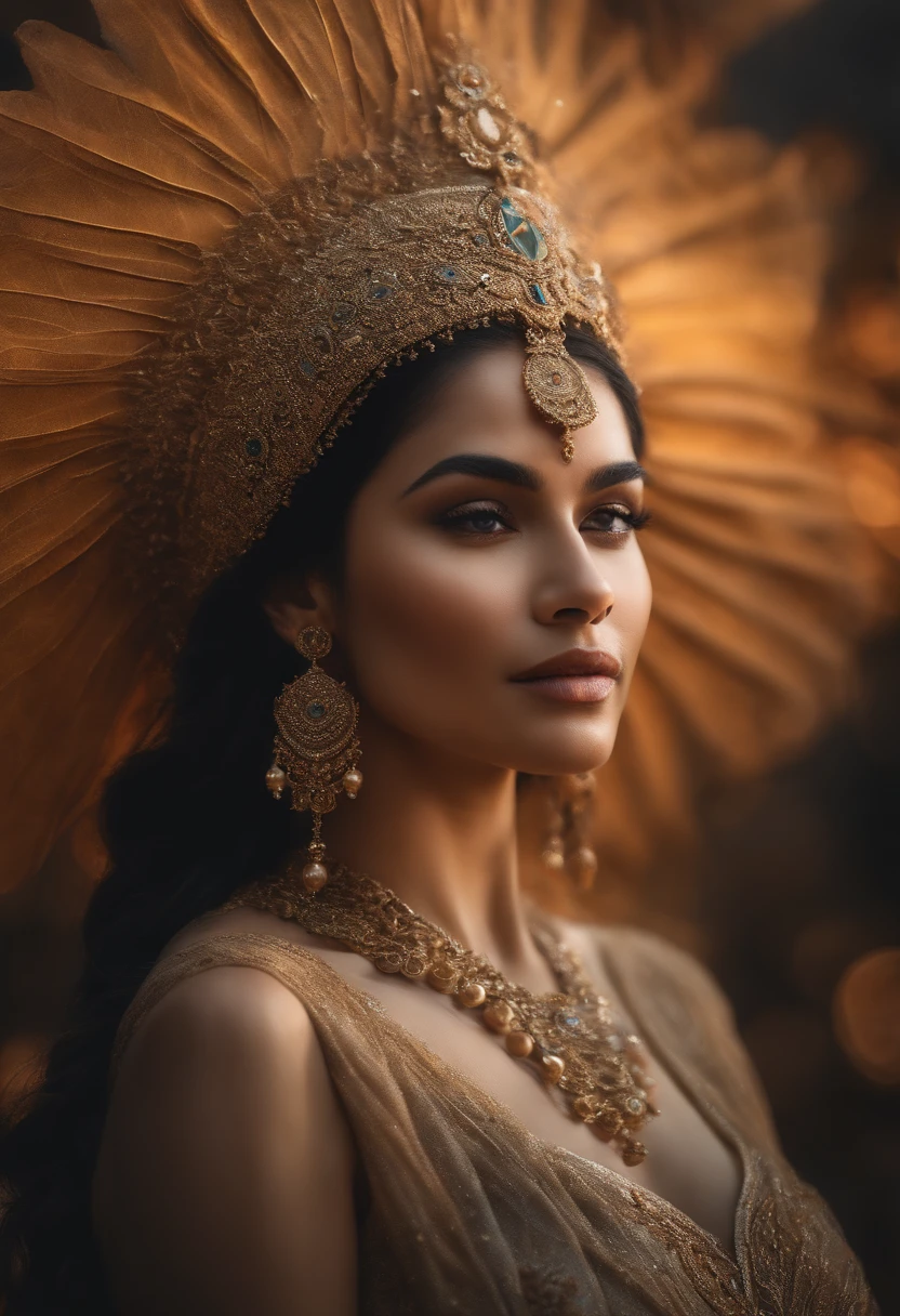 (highres,8k,ultra-detailed,realistic:1.37),hyper-realistic portrait of an Arabian angel girl with a nebula background, floating above the Earth, ethereal beauty, long flowing black hair, delicate facial features, enchanting eyes shining with a celestial glow, soft feathered wings extending from her back, radiant halo illuminating her golden skin, wearing an elegant flowing gown adorned with intricate patterns, gentle smile on her lips, peaceful expression reflecting inner wisdom, surrounded by vibrant cosmic colors, stars and galaxies swirling around her, heavenly aura emanating from her presence, creating a sense of serenity and tranquility.