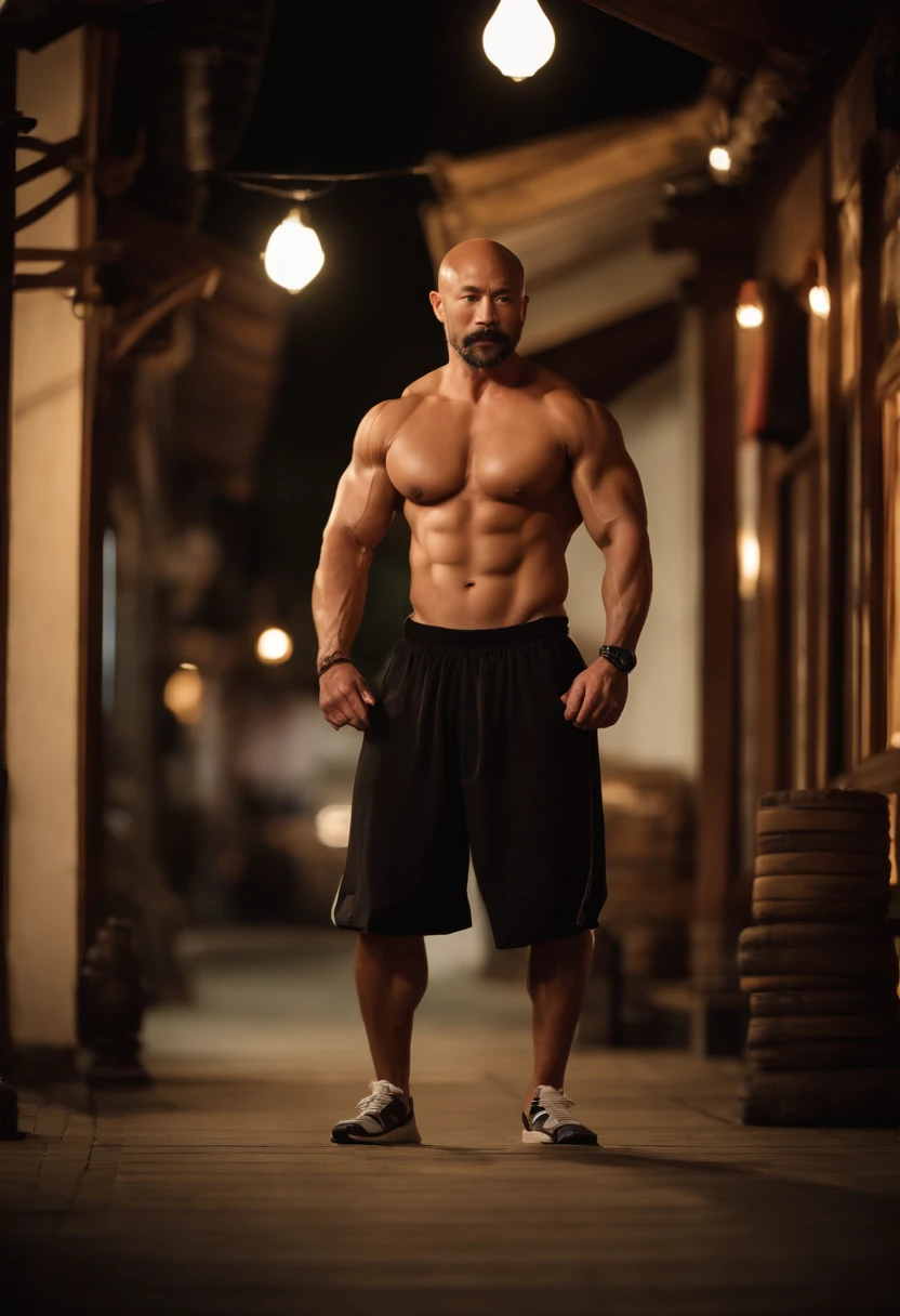 Large White Male bodybuilder with short black beard, Very Muscular, Bald head, Tattoos, Black Gym Shirt, Black Shorts, white High Top Shoes, Standing next to Wing Chun Wooden Dummy, Mook Yan Jong, Kung Fu Wooden Dummy, in old Japanese Town with many buildings, Evening Time,