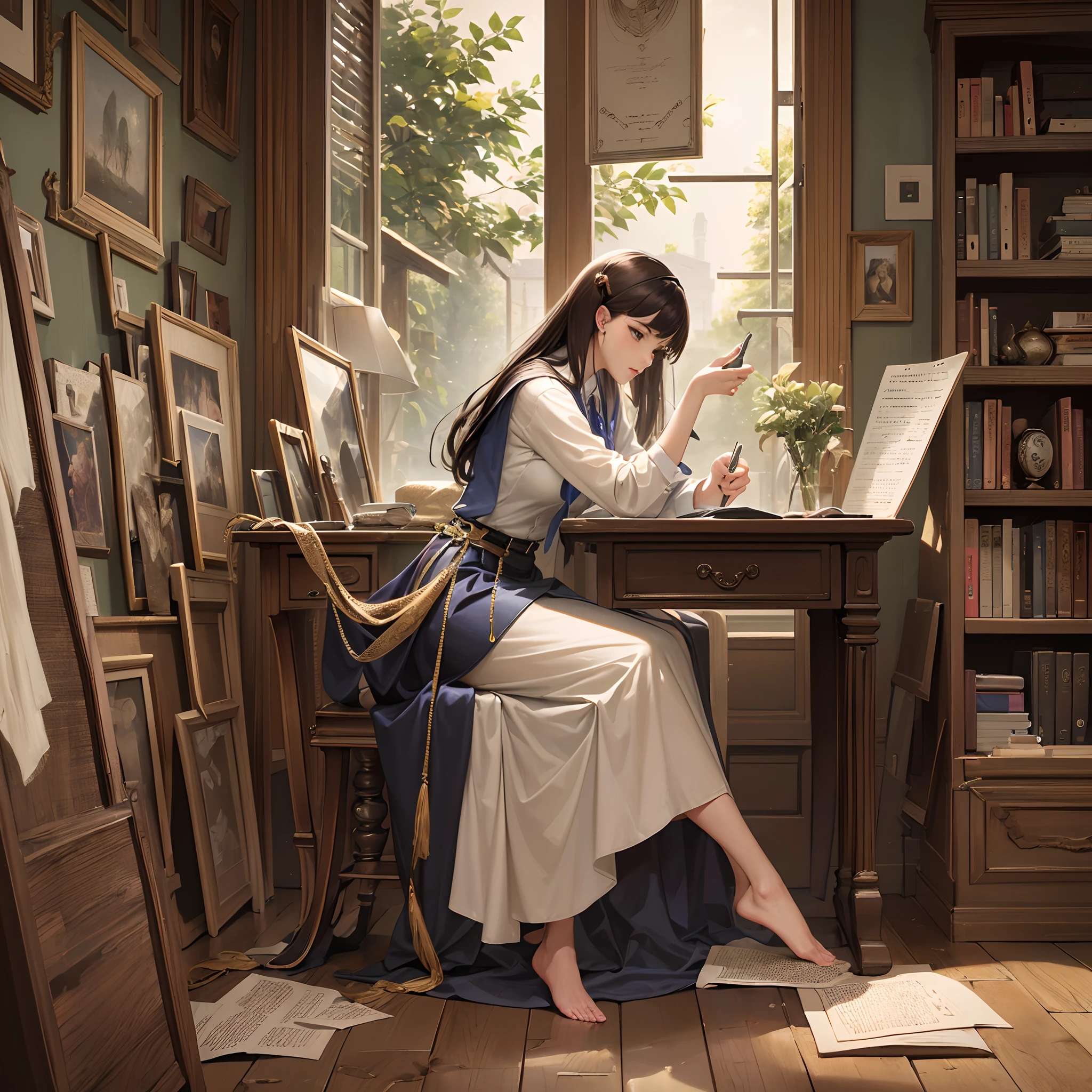 ((Finest quality)),(超A high resolution),(ultra-detailliert),(Meticulous portrayal),((best pictures)),(Finest works of art),Ultra-Precision Art,The art of astounding depiction,Fantasyart:1.5, (One Female Secretary:1.5),robe:1.5, desk,parchment,Stacked scrolls,abajour