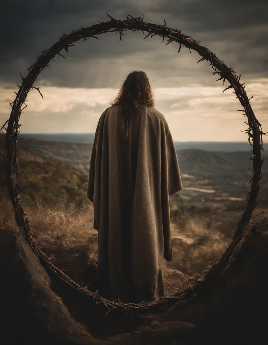 Uma foto fotorrealista capturando Jesus na cruz, with a panoramic view looking directly at Him. ((crown of thorns on the head)). The focus of the image is on the face of Jesus as He looks up to the heavens, sighing for air in the midst of His crucifixion. A cena se passa ao ar livre, with a clear sky in the background. Lighting should be dramatic, enfatizando a intensidade emocional do momento, with rays of sunshine breaking through the clouds to create a sense of divine presence.