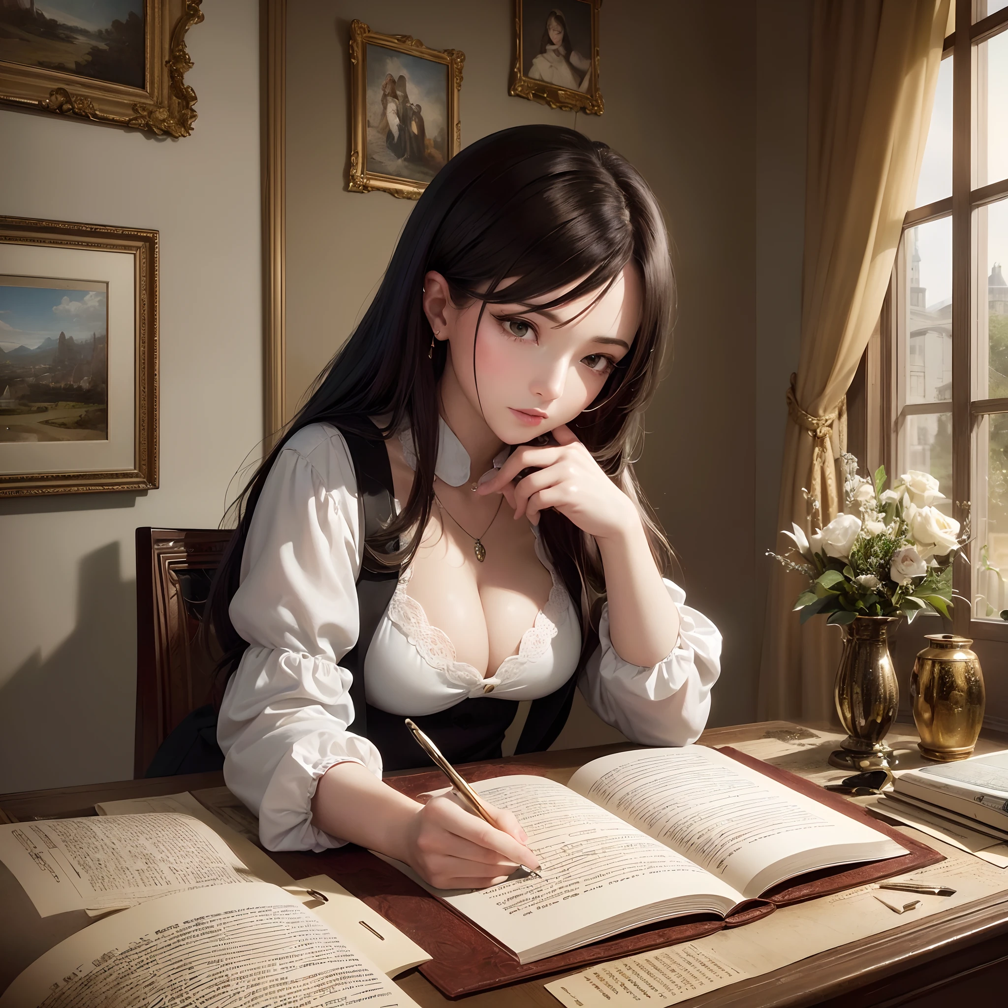 ((Finest quality)),(超A high resolution),(ultra-detailliert),(Meticulous portrayal),((best pictures)),(Finest works of art),Ultra-Precision Art,The art of astounding depiction,Fantasyart:1.5, (One Female Secretary:1.5),robe:1.5, desk,parchment,Stacked scrolls,abajour