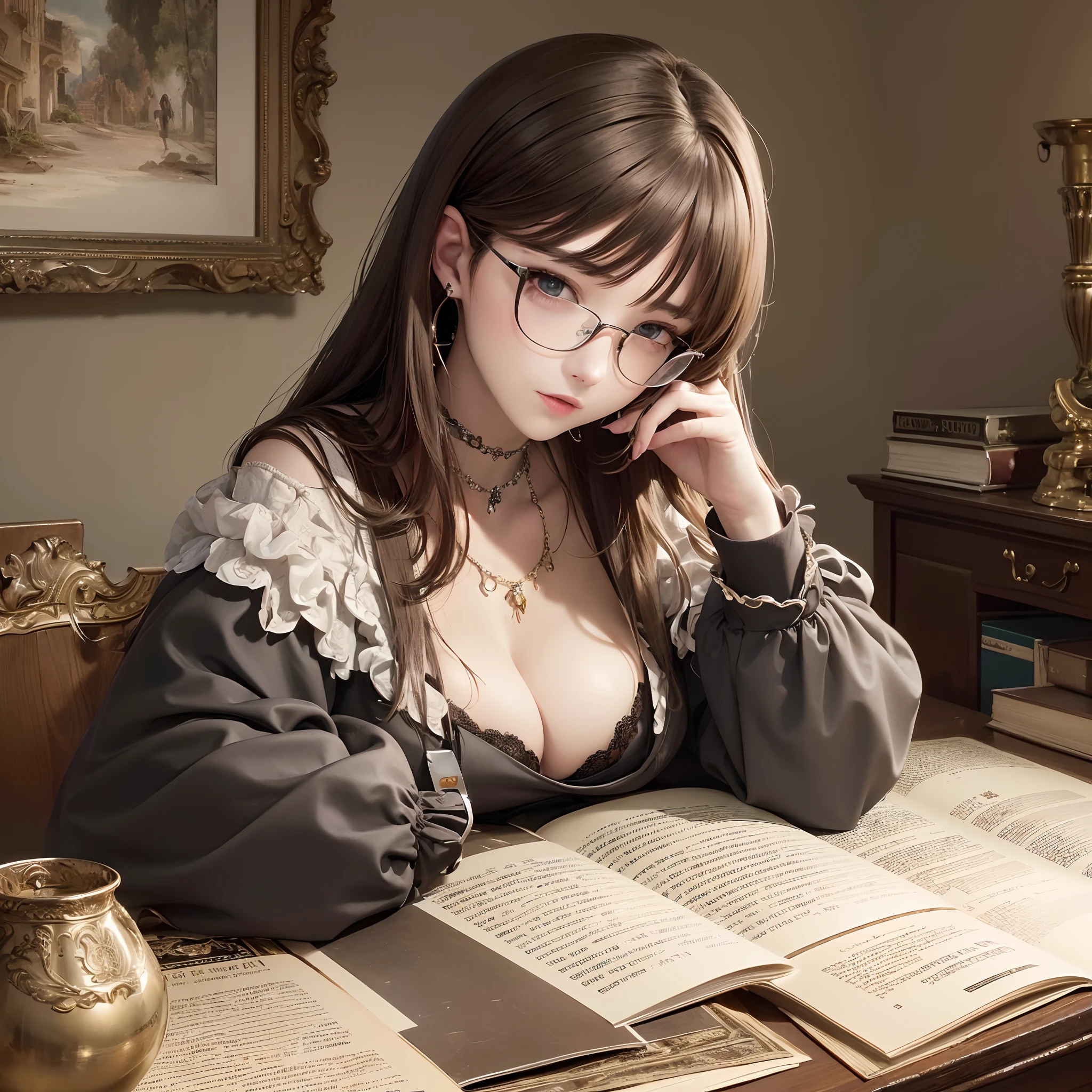 ((Finest quality)),(超A high resolution),(ultra-detailliert),(Meticulous portrayal),((best pictures)),(Finest works of art),Ultra-Precision Art,The art of astounding depiction,Fantasyart:1.5, (One Female Secretary:1.5),robe:1.5, desk,parchment,Stacked scrolls,abajour