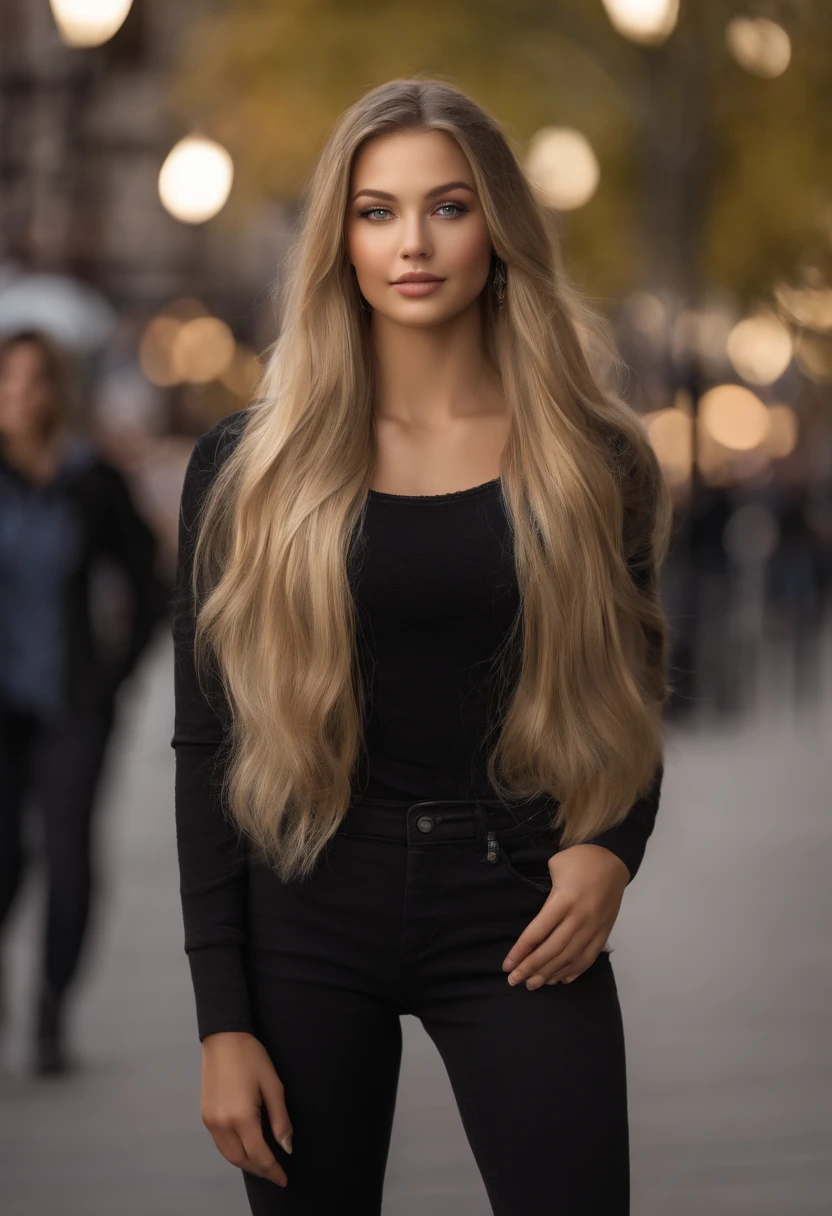 Arafed Full Woman, Sexy Girl with Blue Eyes, , Ultra Realistic, Meticulously Detailed, Portrait of Sophie Mudd, Blonde Hair, Selfie of a Young Woman, Violet Myers, No Makeup, Natural Makeup, Looking Directly at the Camera, face artgram, subtle make-up, Impressive photo of the whole body standing In theme park, on sidewalk, crowded sidewalk, Medium and large size chest, allowing the face to be seen clearly, portrait, wearing stylish clothes