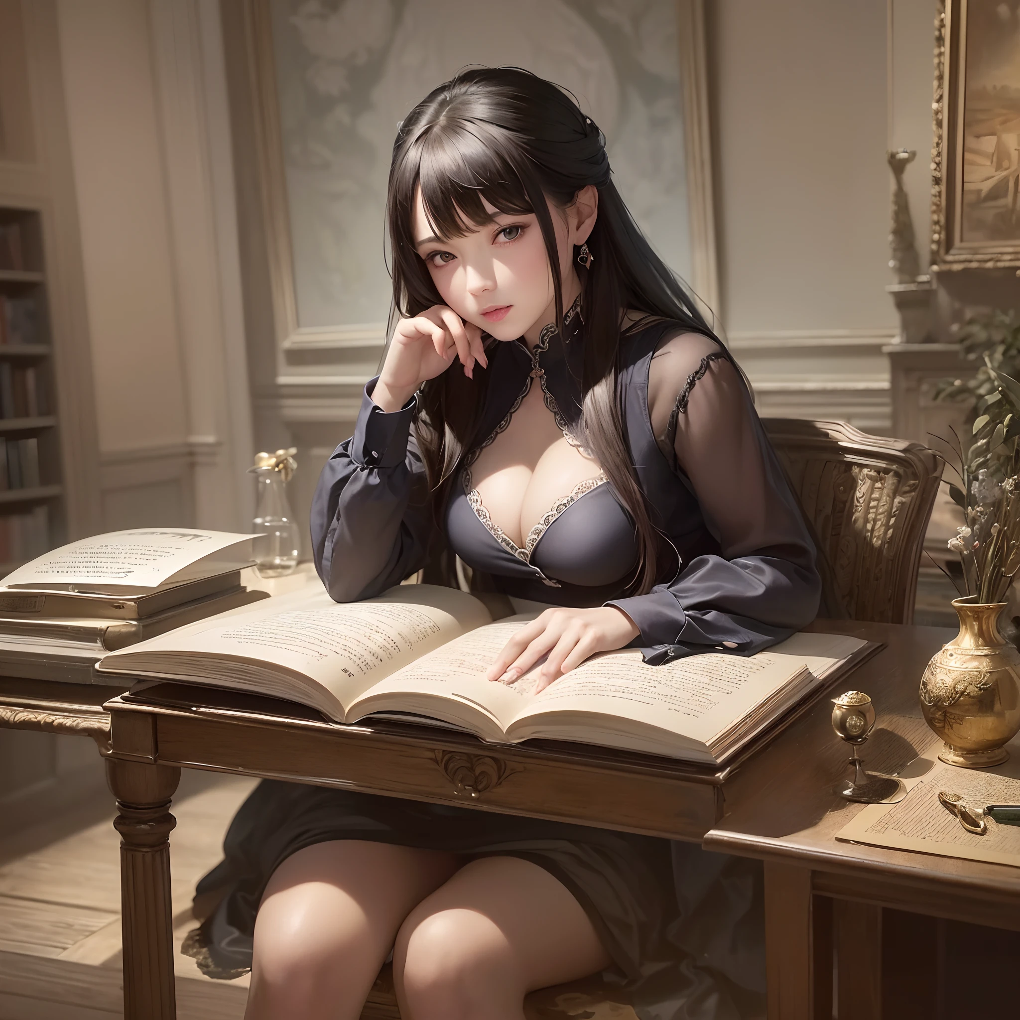 ((Finest quality)),(超A high resolution),(ultra-detailliert),(Meticulous portrayal),((best pictures)),(Finest works of art),Ultra-Precision Art,The art of astounding depiction,Fantasyart:1.5, (One Female Secretary:1.5),robe:1.5, desk,parchment,Stacked scrolls,abajour