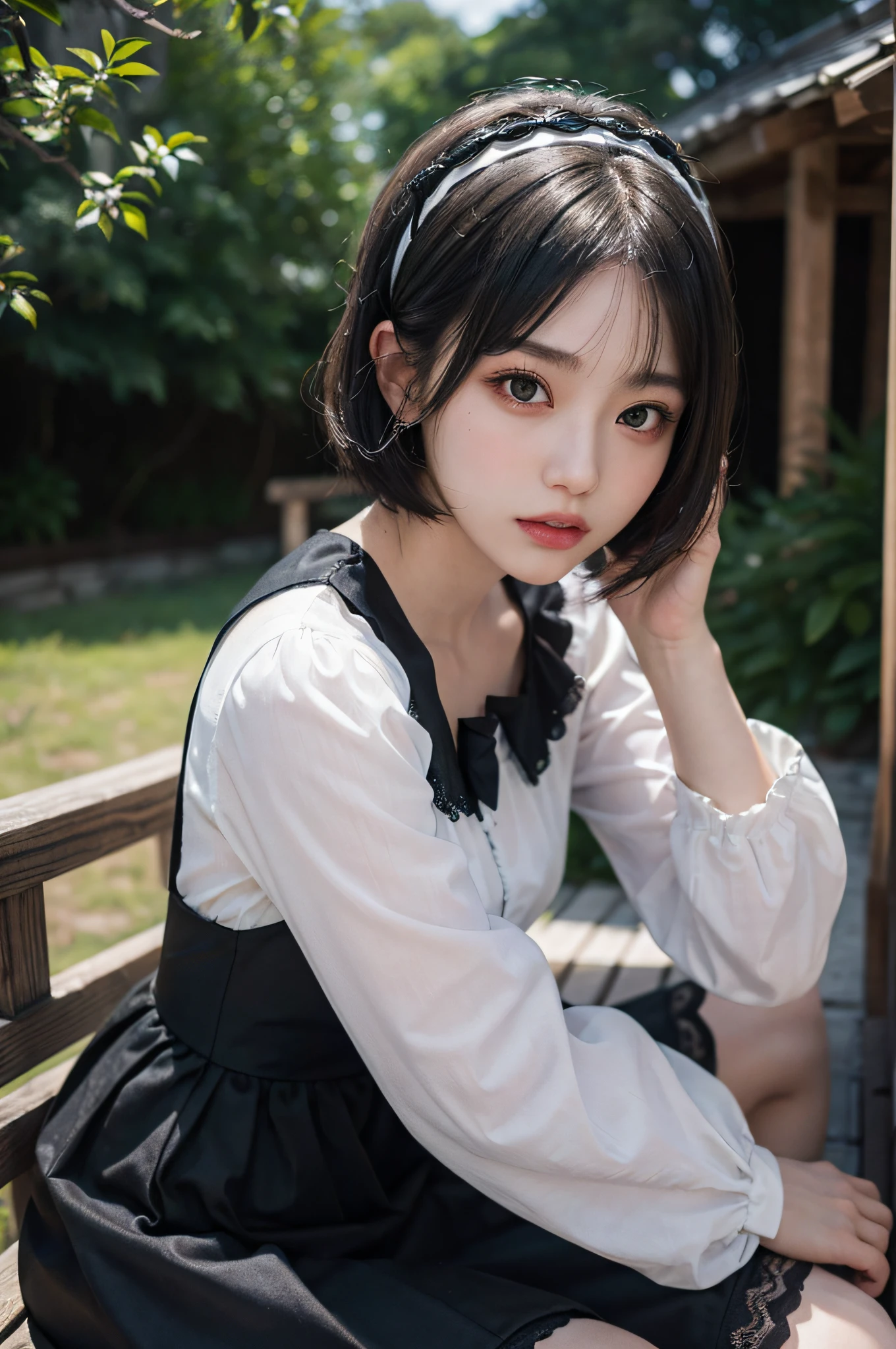 One Woman,Black and silver Gothic Lolita,wariza,Petanko sitting,Cute face,Big eyes,Cool Face,Blue shorthair,Looking at Viewer,plein air,masutepiece, extremely fine and beautiful,Photorealistic,Japanese