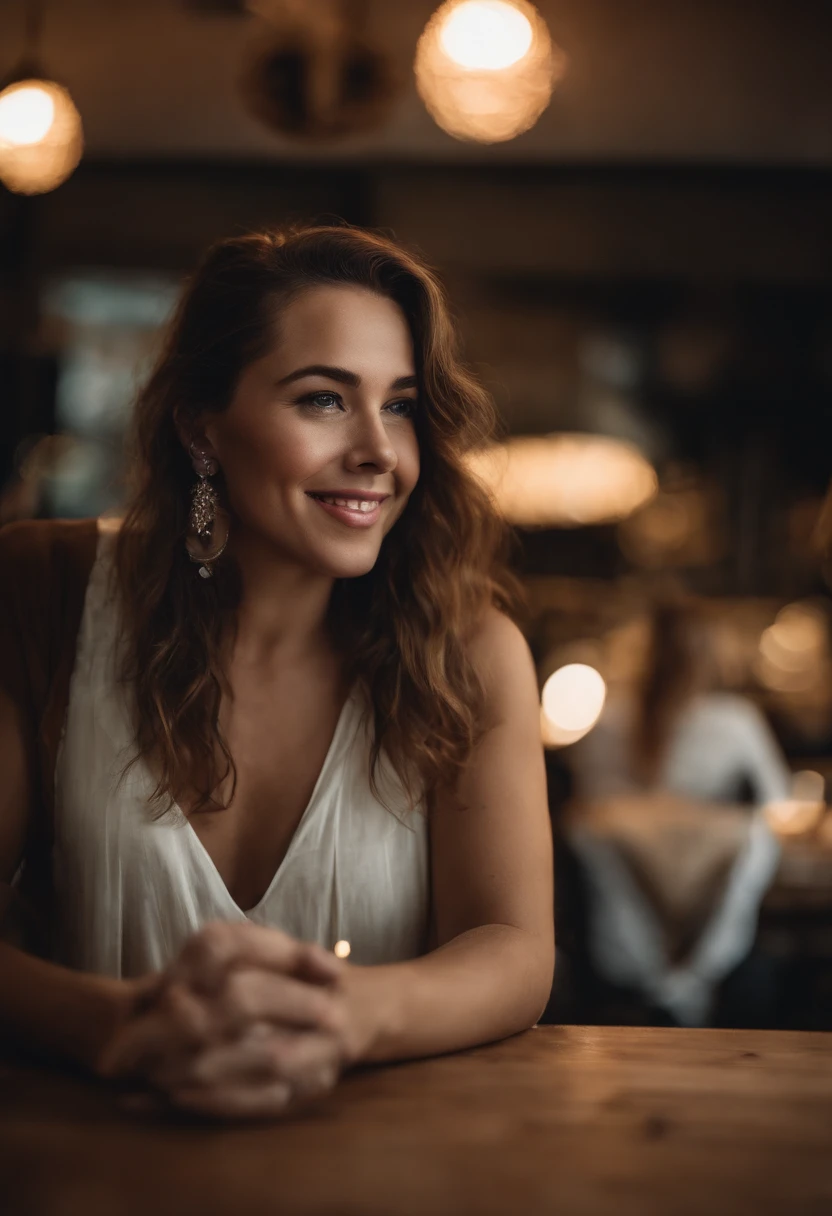 a beautiful lady, slight freckles, big smile, dark makeup, hyperdetailed photography, sitting in a coffee shop, soft light, head and shoulders portrait, cover, (pearl necklaces:1.2)