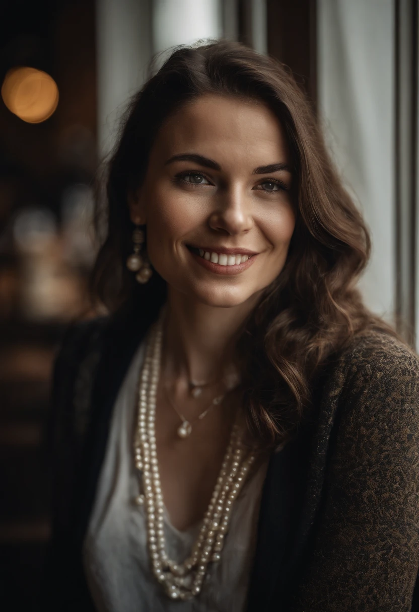 a beautiful lady, slight freckles, big smile, dark makeup, hyperdetailed photography, sitting in a coffee shop, soft light, head and shoulders portrait, cover, (pearl necklaces:1.2)