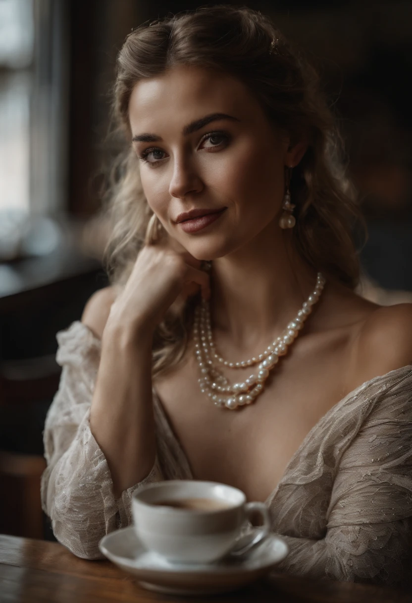 a beautiful lady, slight freckles, big smile, dark makeup, hyperdetailed photography, sitting in a coffee shop, soft light, head and shoulders portrait, cover, (pearl necklaces:1.2)