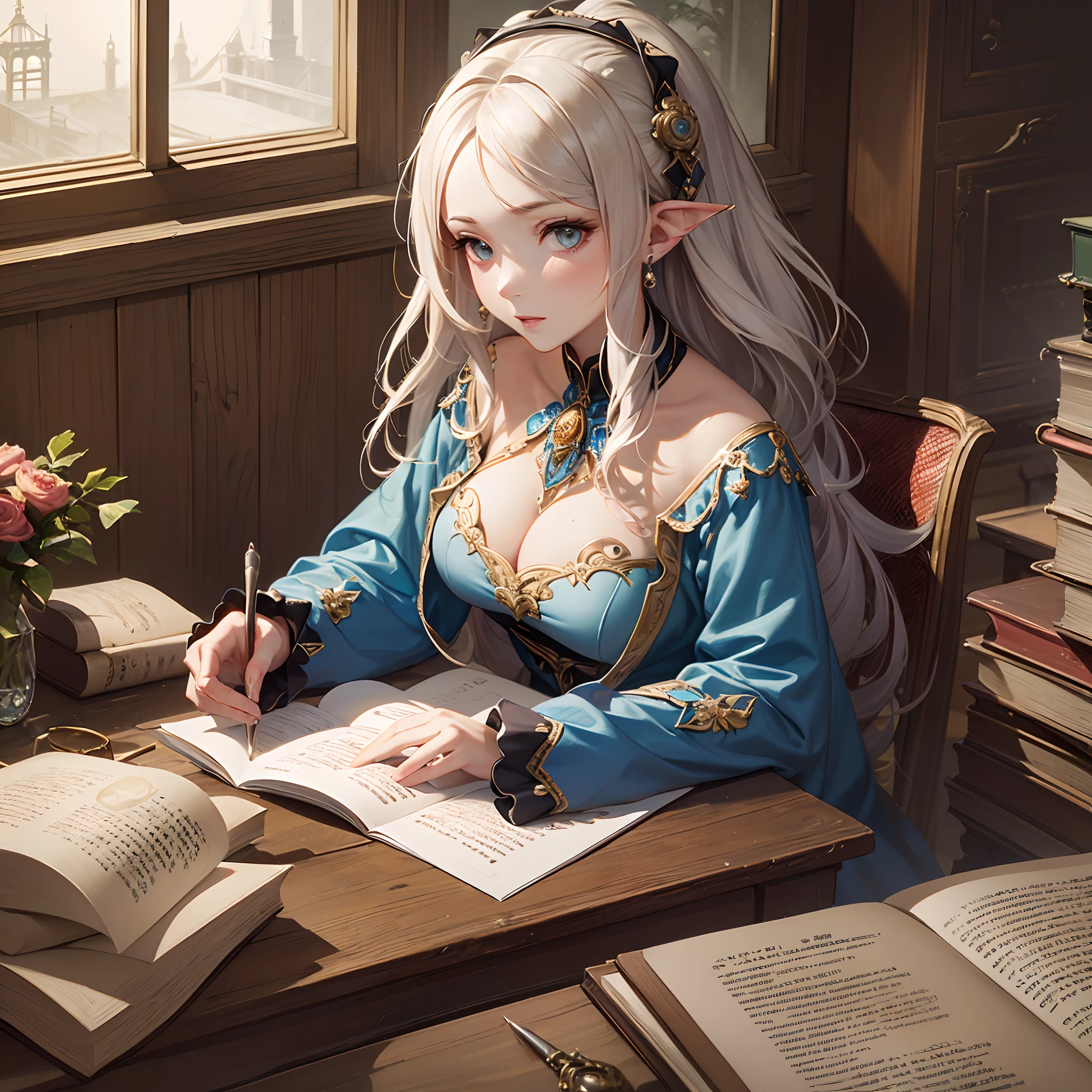 ((Finest quality)),(超A high resolution),(ultra-detailliert),(Meticulous portrayal),((best pictures)),(Finest works of art),Ultra-Precision Art,The art of astounding depiction,Fantasyart:1.5, (One Female Secretary:1.5),robe:1.5, desk,parchment,Stacked scrolls,abajour