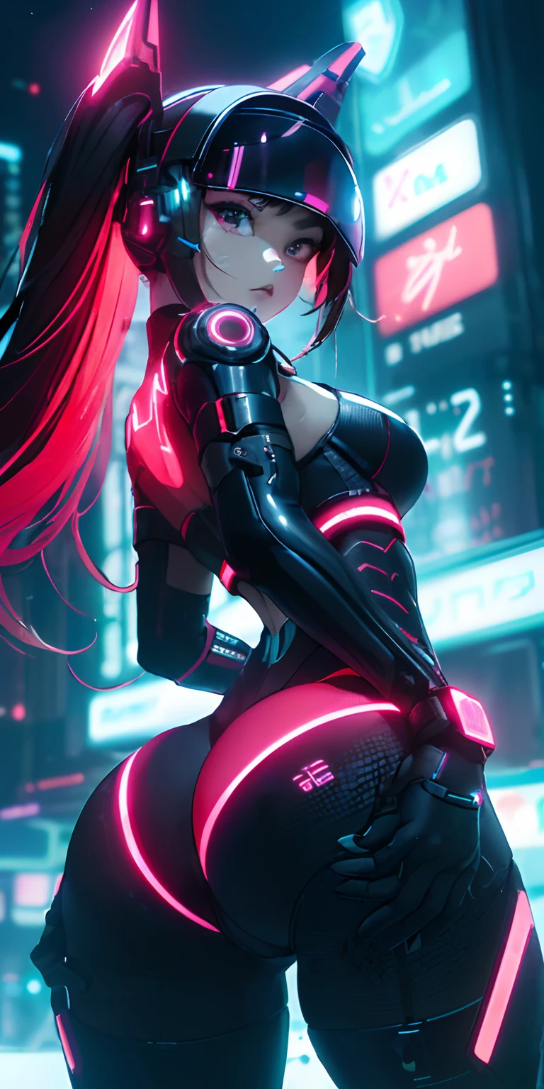 top-quality))、((masterpiece)、cyberpunked、Big buttocks、Electronic visor attached to -yeld gis face with emphasis on buttocks、Cyberpunk Fashion、Sexy Posing、(Wearing red body spats on the lower body、Breasts enlarged、Neon lights in dark city at night、(Various poses)