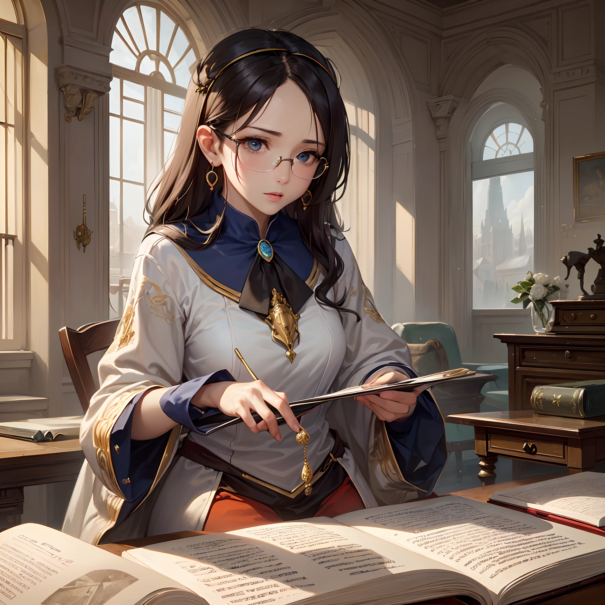 ((Finest quality)),(超A high resolution),(ultra-detailliert),(Meticulous portrayal),((best pictures)),(Finest works of art),Ultra-Precision Art,The art of astounding depiction,Fantasyart:1.5, (One Female Secretary:1.5),robe:1.5, desk,parchment,Stacked scrolls,abajour