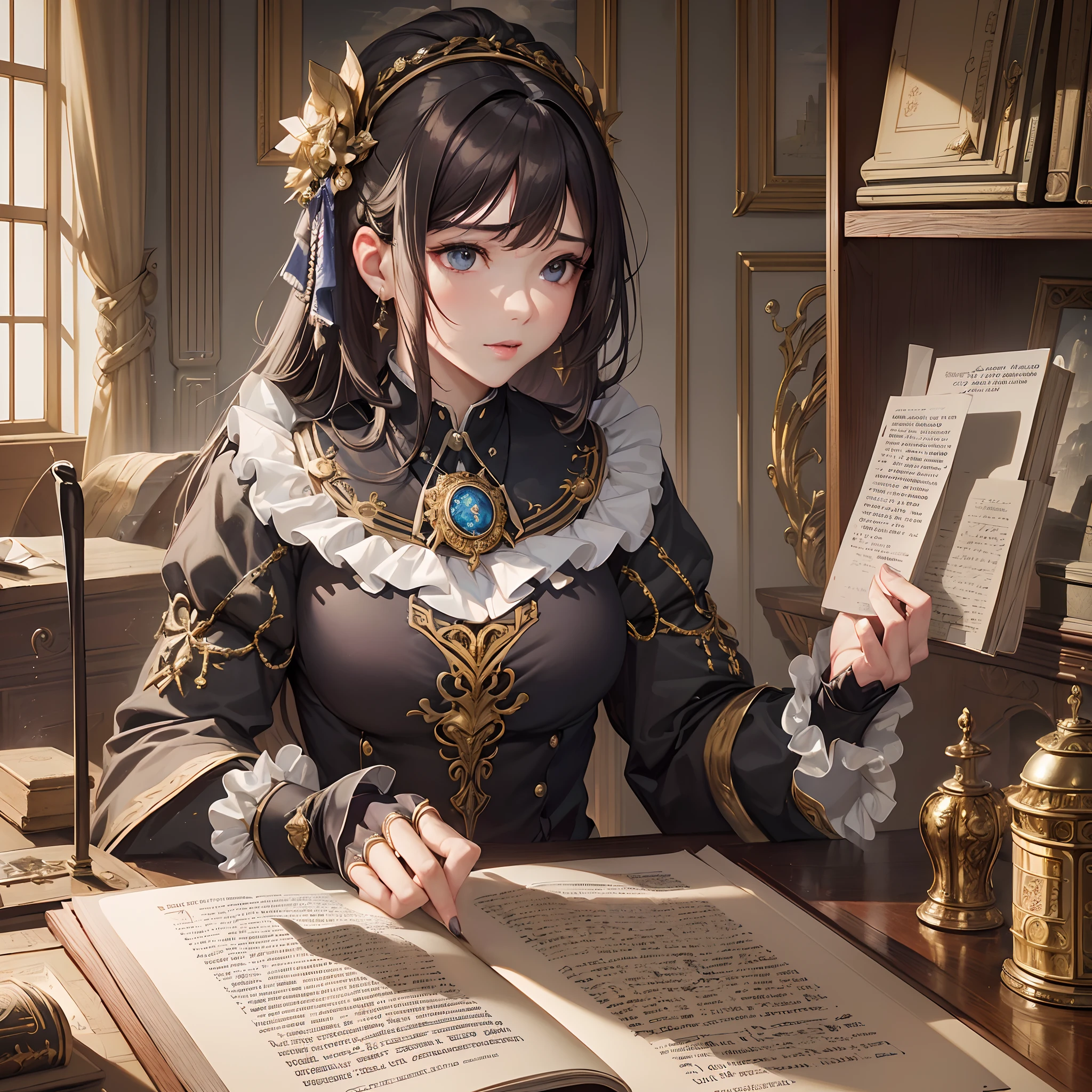 ((Finest quality)),(超A high resolution),(ultra-detailliert),(Meticulous portrayal),((best pictures)),(Finest works of art),Ultra-Precision Art,The art of astounding depiction,Fantasyart:1.5, (One Female Secretary:1.5),robe:1.5, desk,parchment,Stacked scrolls,abajour