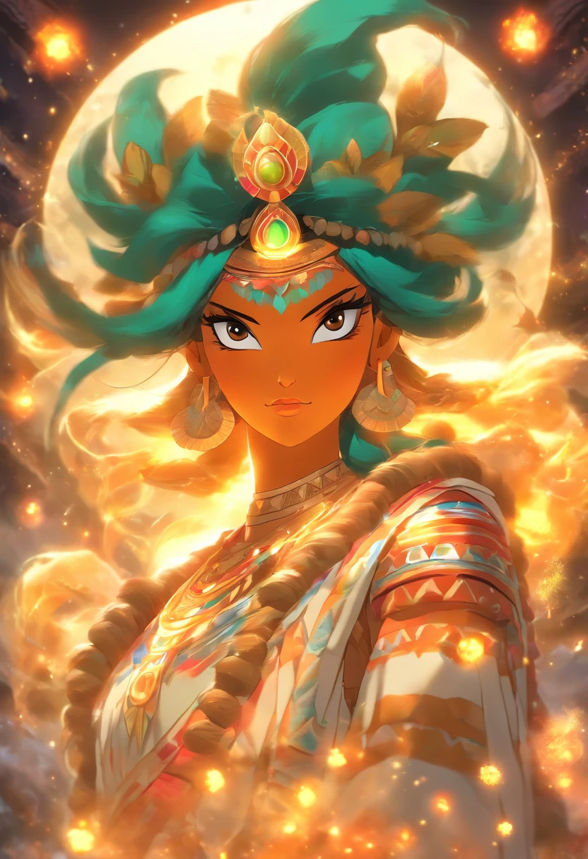 (((MAMA QUILLA))) best quality, ultra-high resolution, 4K detailed CG, masterpiece, Moon Goddess, intense lunar light, Andes, Peruvian clothing, Inca mythology, Peruvian, aesthetics, ((Inca God) ), Beautiful image, centered on the screen