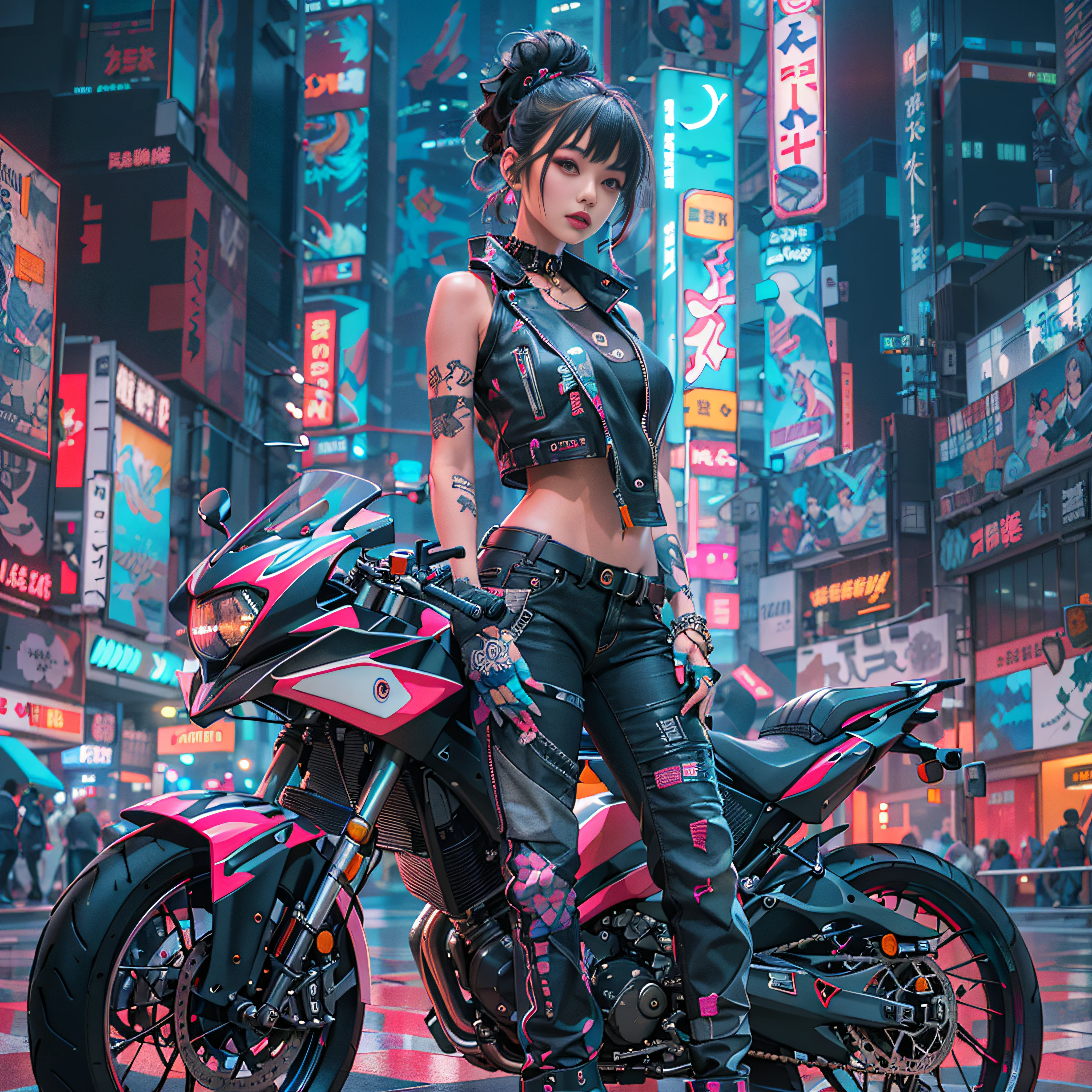 masterpiece, best quality, Confident asian cyberpunk girl, full body shot, ((standing in front of motorcycle)), Harajuku-inspired pop outfit, bold colors and patterns, eye-catching accessories, trendy and innovative hairstyle, vibrant makeup, Cyberpunk dazzling cityscape, skyscrapers, neon signs, LED lights, bright and vivid color scheme, anime, illustration, detailed skin texture, detailed cloth texture, beautiful detailed face, intricate details, ultra detailed hands.