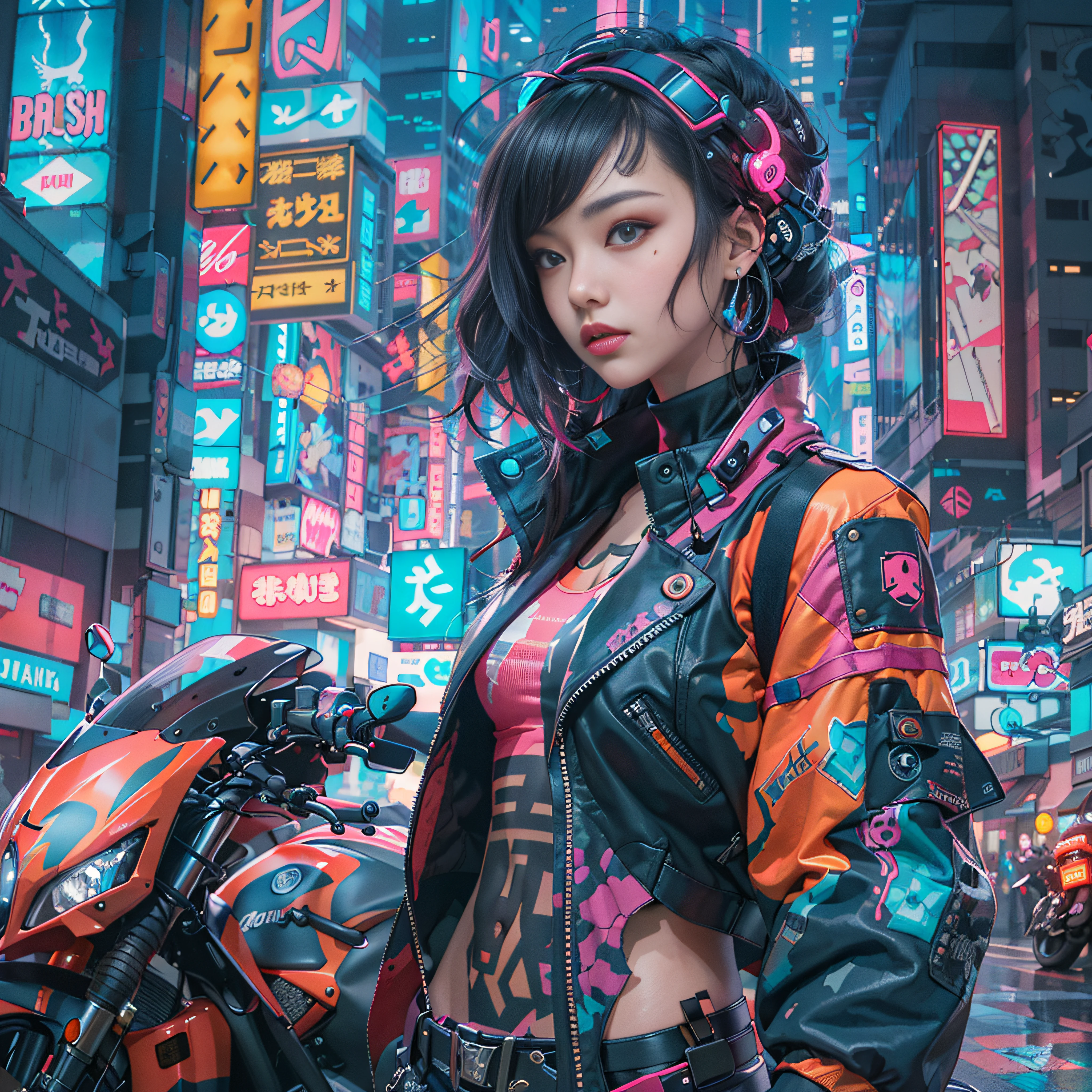 masterpiece, best quality, Confident asian cyberpunk girl, full body shot, ((standing in front of motorcycle)), Harajuku-inspired pop outfit, bold colors and patterns, eye-catching accessories, trendy and innovative hairstyle, vibrant makeup, Cyberpunk dazzling cityscape, skyscrapers, neon signs, LED lights, bright and vivid color scheme, anime, illustration, detailed skin texture, detailed cloth texture, beautiful detailed face, intricate details, ultra detailed hands.