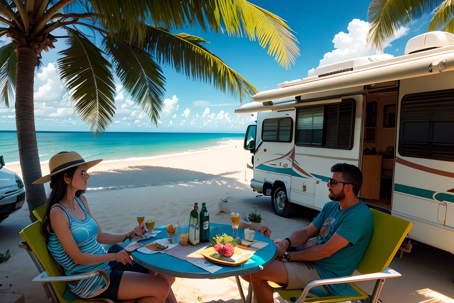 A motor home under some trees, A couple drinking mate tea in a mate cup, under the trees and next to the motor home. Sea, palm trees, Brazilian sandy beach on the background. illuminated by morning sun. highly detailed.