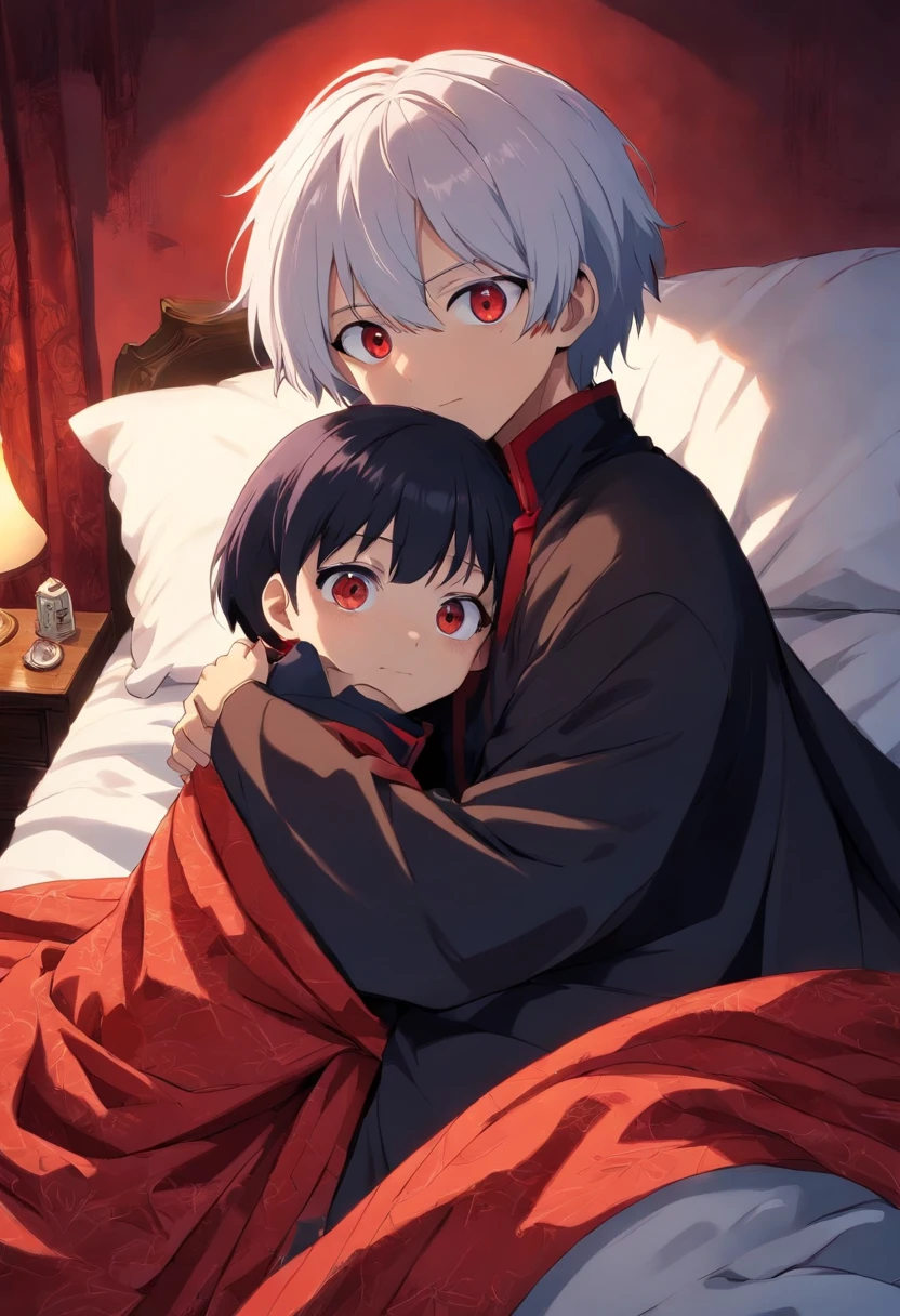 Kaneki ken, cabelos brancos, olhos vermelhos, deitado na cama, Hugging a girl in big black babelos, de olhos vermelhos, are covered by a blanket.