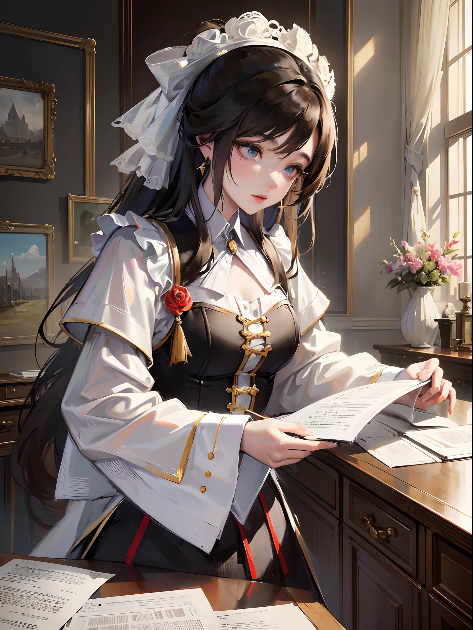 ((Finest quality)),(超A high resolution),(ultra-detailliert),(Meticulous portrayal),((best pictures)),(Finest works of art),Ultra-Precision Art,The art of astounding depiction,Fantasyart:1.5, (One Female Secretary:1.5),robe:1.5, desk,parchment,Stacked scrolls,abajour