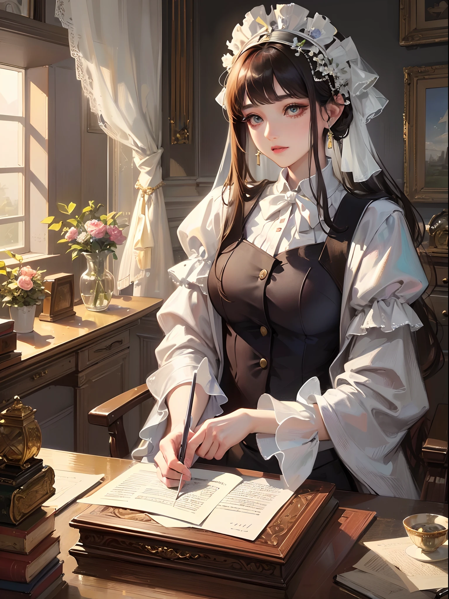 ((Finest quality)),(超A high resolution),(ultra-detailliert),(Meticulous portrayal),((best pictures)),(Finest works of art),Ultra-Precision Art,The art of astounding depiction,Fantasyart:1.5, (One Female Secretary:1.5),robe:1.5, desk,parchment,Stacked scrolls,abajour
