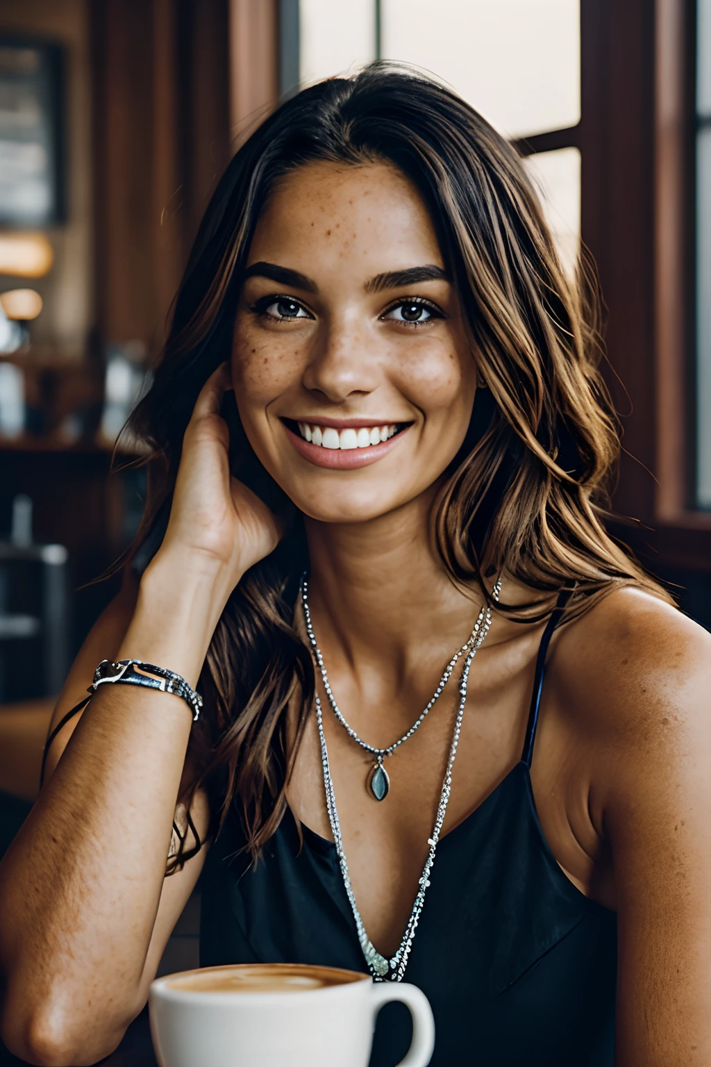 a beautiful lady, slight freckles, big smile, dark makeup, hyperdetailed photography, sitting in a coffee shop, soft light, head and shoulders portrait, cover, (necklaces:1.2)
