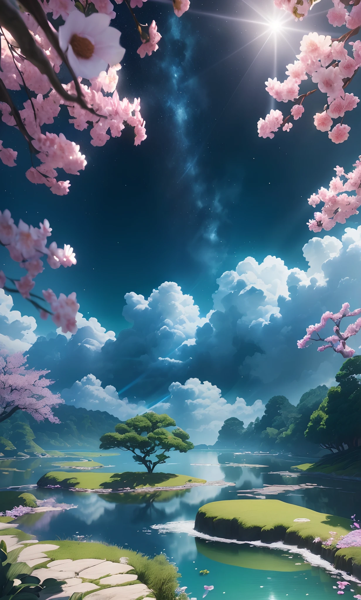 A painting of a river with trees and flowers in the background - SeaArt AI