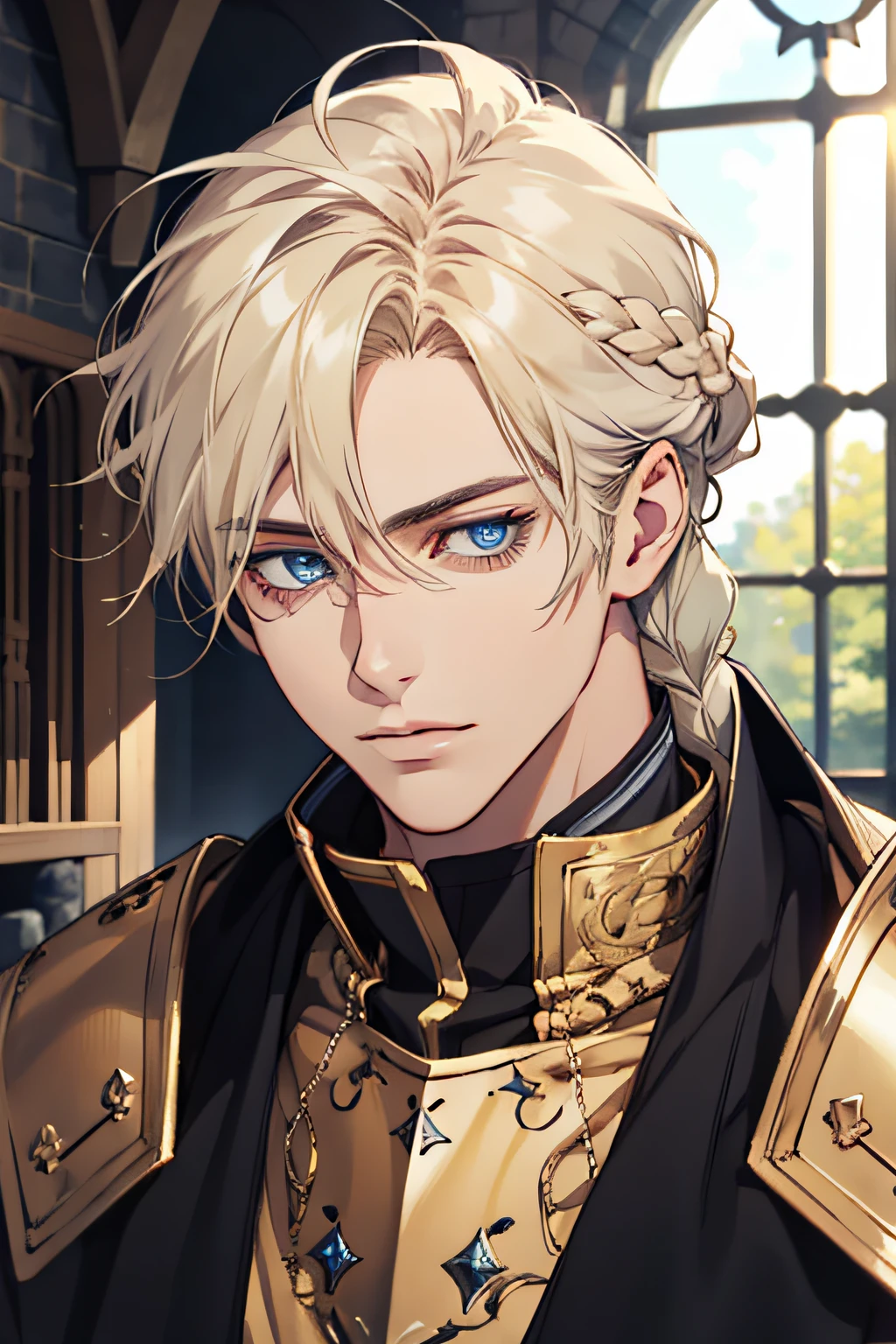 detailed male face, 20-year-old man, realistic anime blue eyes, gracious, beautiful, braided blonde hair, wearing a golden medieval armor, sunlight room, portait