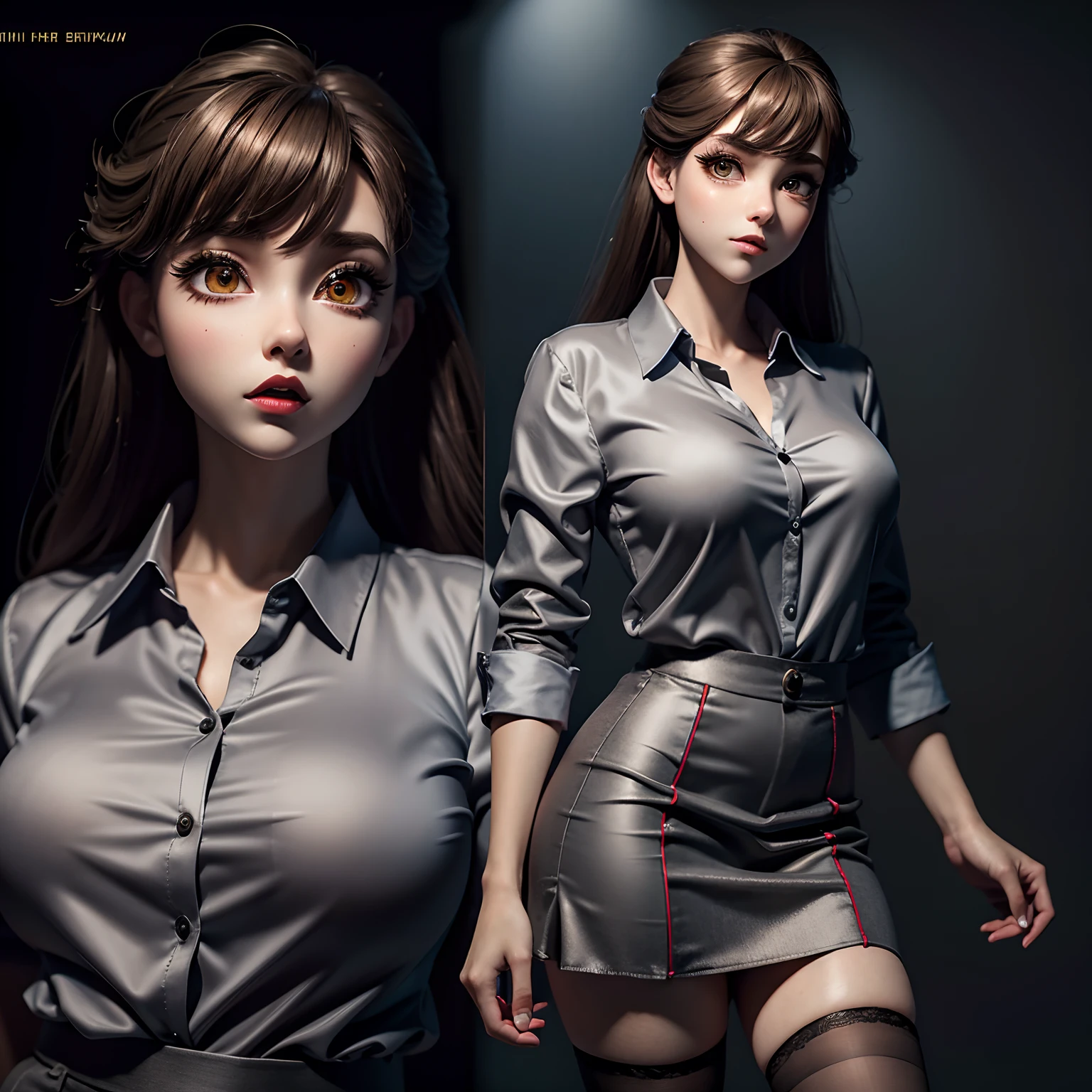 3dmm style, Masterpiece, best quality, photography, detailed skin, realistic, photo-realistic, 3D Character Design, pixar, real cartoon, 8k, highly detailed, full length frame, High detail RAW color art, diffused soft lighting, shallow depth of field, sharp focus, hyperrealism, cinematic lighting, a woman, beautifully makeup, brown beautiful big eyes, long eye lashes, wearing (mini skirt stocking), loosely tide secretary style,((gray satin shirt)), palazzo pants,