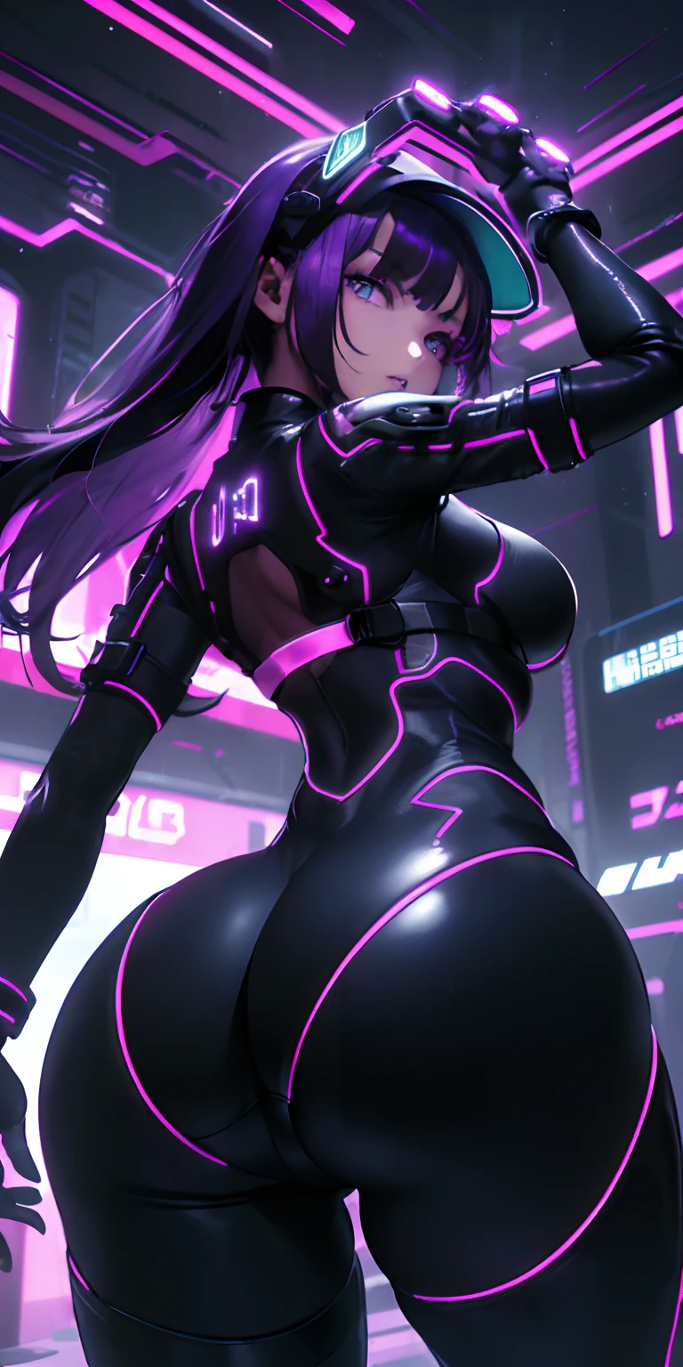 top-quality))、((masterpiece)、cyberpunked、Big buttocks、Electronic visor attached to -yeld gis face with emphasis on buttocks、Cyberpunk Fashion、Sexy Posing、(Wear lilac body spats on the lower body、Breasts enlarged、Neon lights in dark city at night、(Various poses)