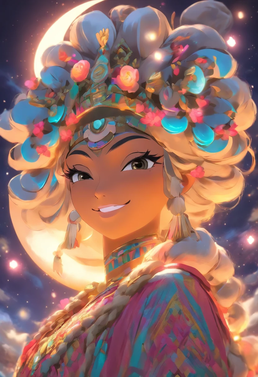 (((MAMA QUILLA))) best quality, ultra-high resolution, 4K detailed CG, masterpiece, Moon Goddess, Moon crown, moonlight, Andes, Peruvian clothing, Inca mythology, Peruvian, aesthetics, (( Moon crown)), Beautiful image, centered on the screen