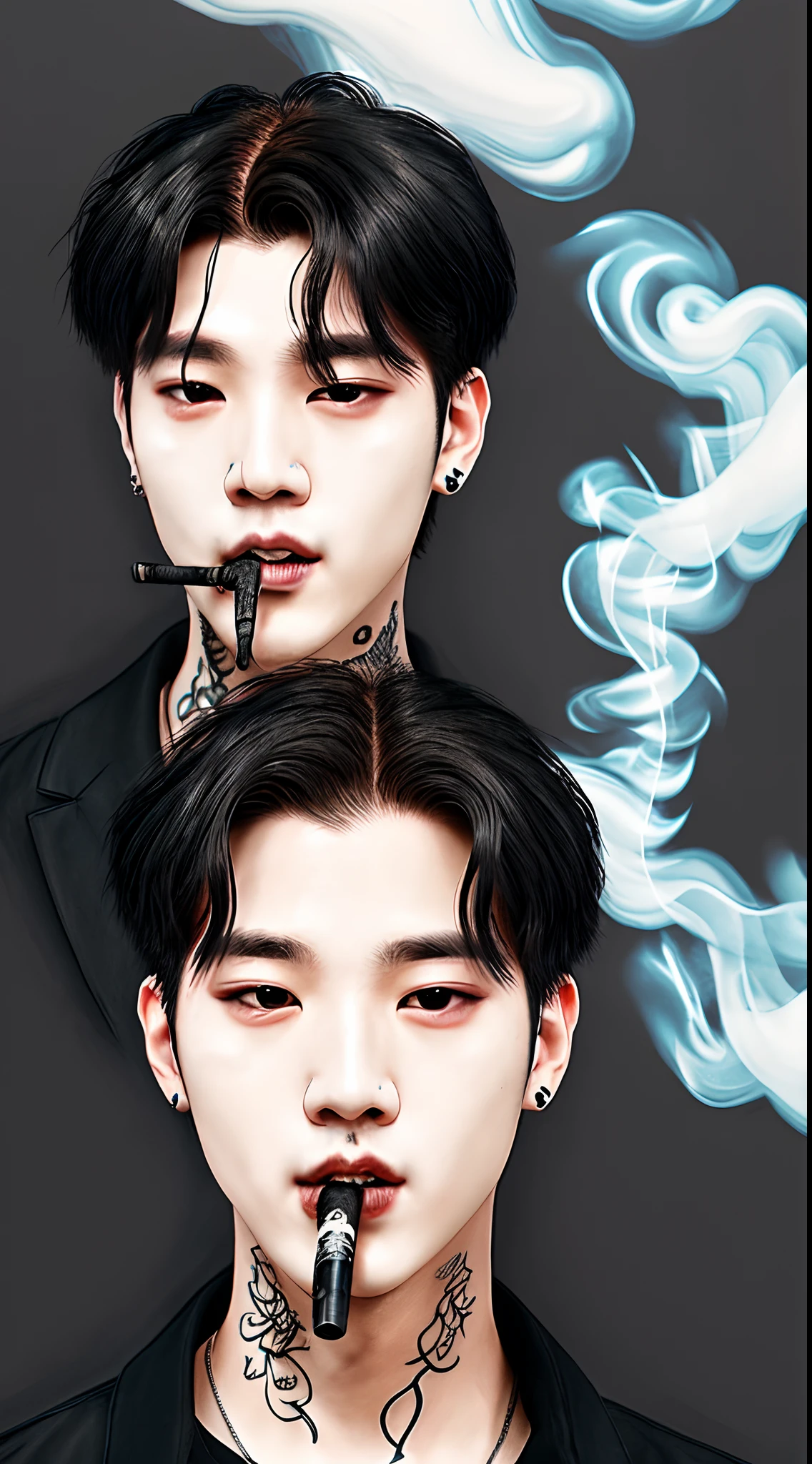 TaeHyung of BTS with black hair and tattoos smoking. Make realistic.