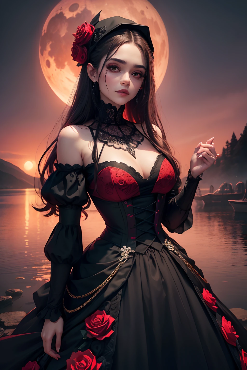(((senhora fofa feiticeira ))) vestindo vestido vitoriano, half skull face, inspirado em Izzy Medrano, Surreal CG rendering of a dark red moon rising above a tranquil lake surrounded by red clouds, autoiluminado olhar vibrante+sorriso encantadora bruxa com um toque de fantasia, vestido preto+Red with a magical and mystical touch . She's in an enchanting setting of shimmering black magic glowing skulls, Sugar Skull, rosas vermelhas, floresta tenebrosa, gothic cemetery UHD 18k, cosmic big 16K.
