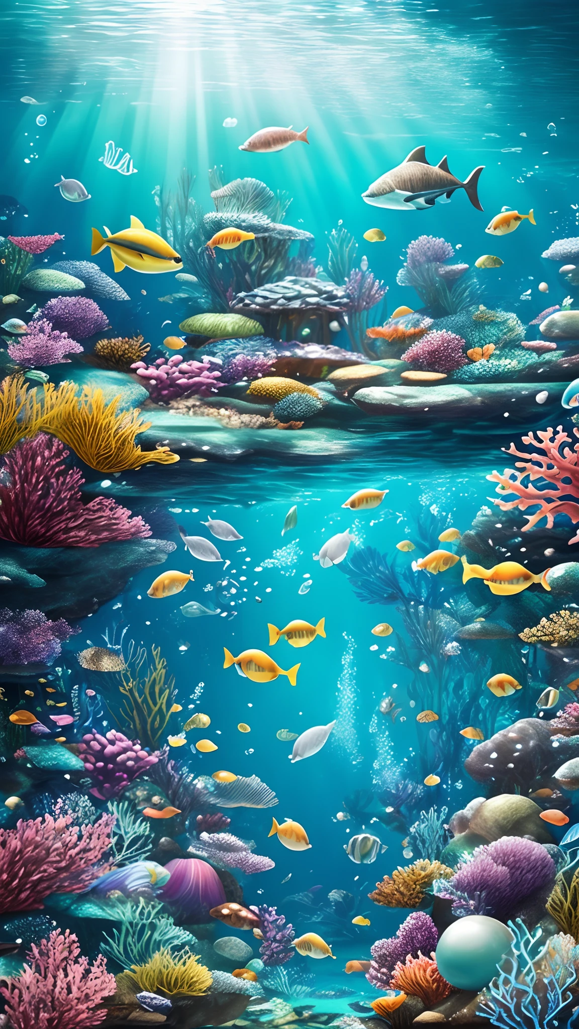 (Best quality,4K,8K,A high resolution,Masterpiece:1.2),Ultra-detailed,(Realistic,Photorealistic,photo-realistic:1.37),Underwater Kingdom,Fantastic underwater scenery,Beautiful intricate coral reefs,Sparkling underwater caves,Majestic underwater creatures,Mesmerizing colors and textures,Ethereal lighting,Dreamlike atmosphere,Magnificent underwater landscape,Amazing aquatic plants and flowers,Vibrant schools of fish,Peaceful underwater castle,Charming mermaids swim gracefully,Mermaid with long flowing hair and sparkling tail,Water is vivid and good and coexist,Rich biodiversity,Delicate shells and precious pearls,Rolling seaweed and kelp forests,Harsh sunlight shines through the water,Hidden treasure chests and ancient ruins,Immerse viewers in a whimsical journey into the depths of the ocean.
