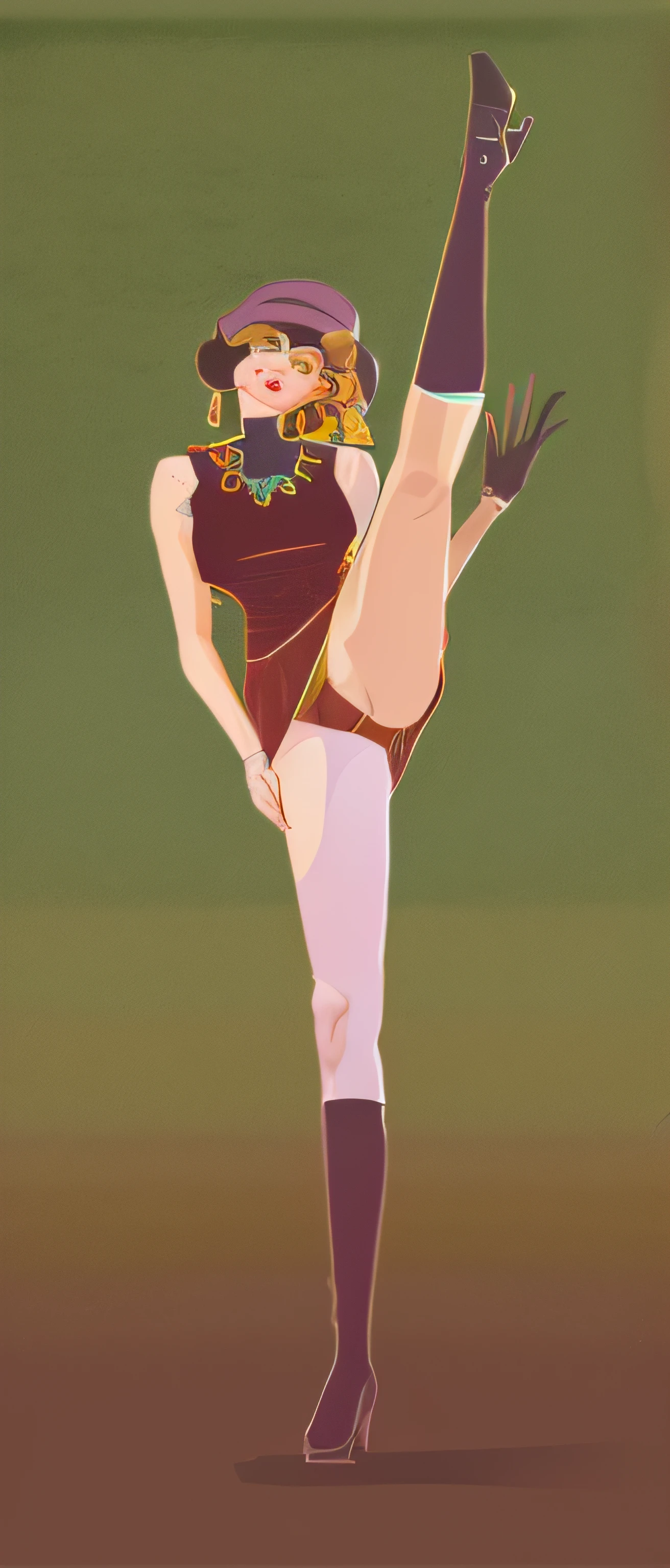 Painting of Alafed with a woman in a dress and hat doing a kick, Inspired by Egon Schiele, Vector style drawing, inspired by Raphael Kirchner, fashion illustration, the pose, Fashion poses, by Tanaka Isson, by Naka Bokunen, Inspired by Tomer Hanukkah, neutral pose, Inspired by Chantal Joffe