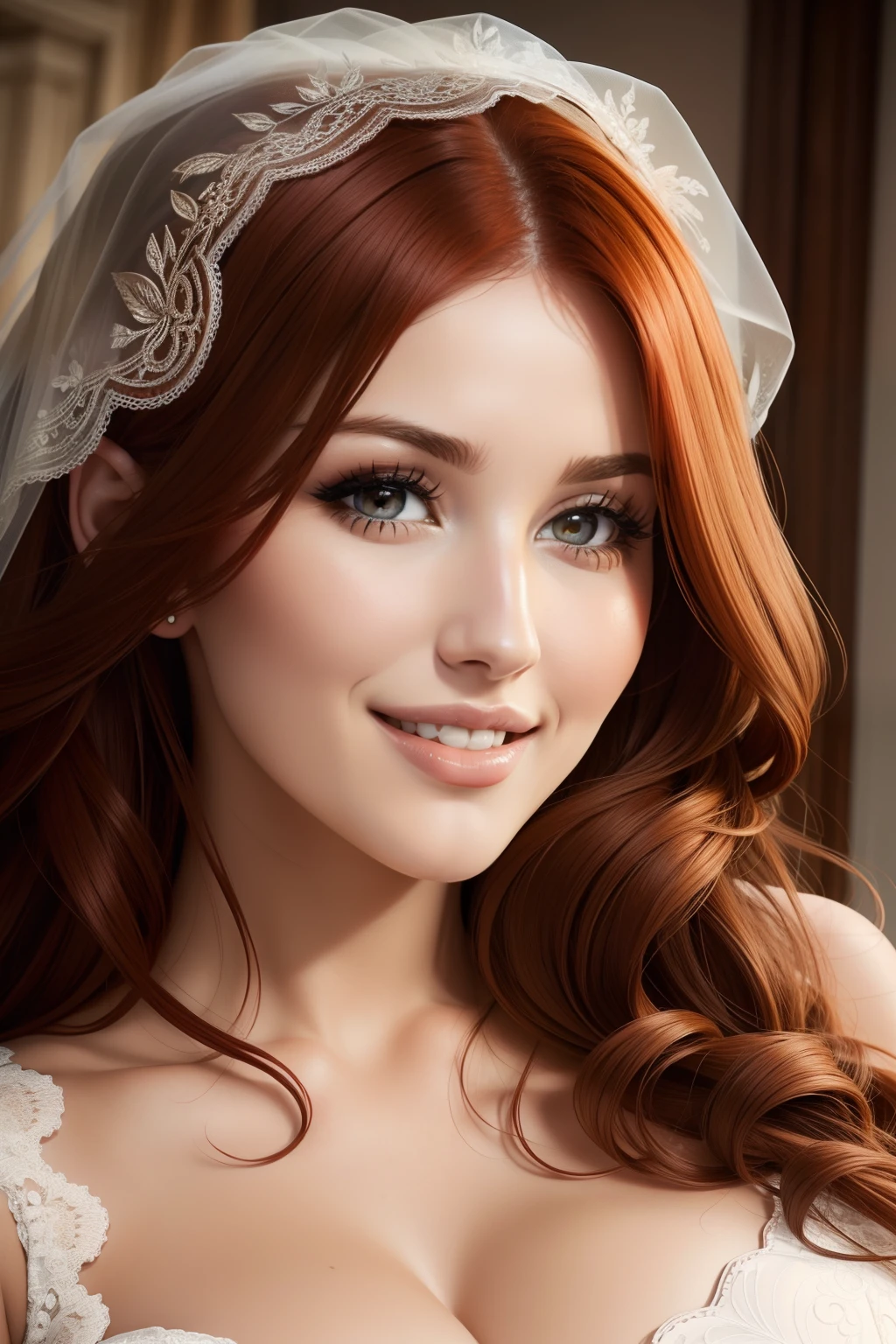 lucy pinder, face portrait, smiling, bride, red hair, curly hair, beautiful lips