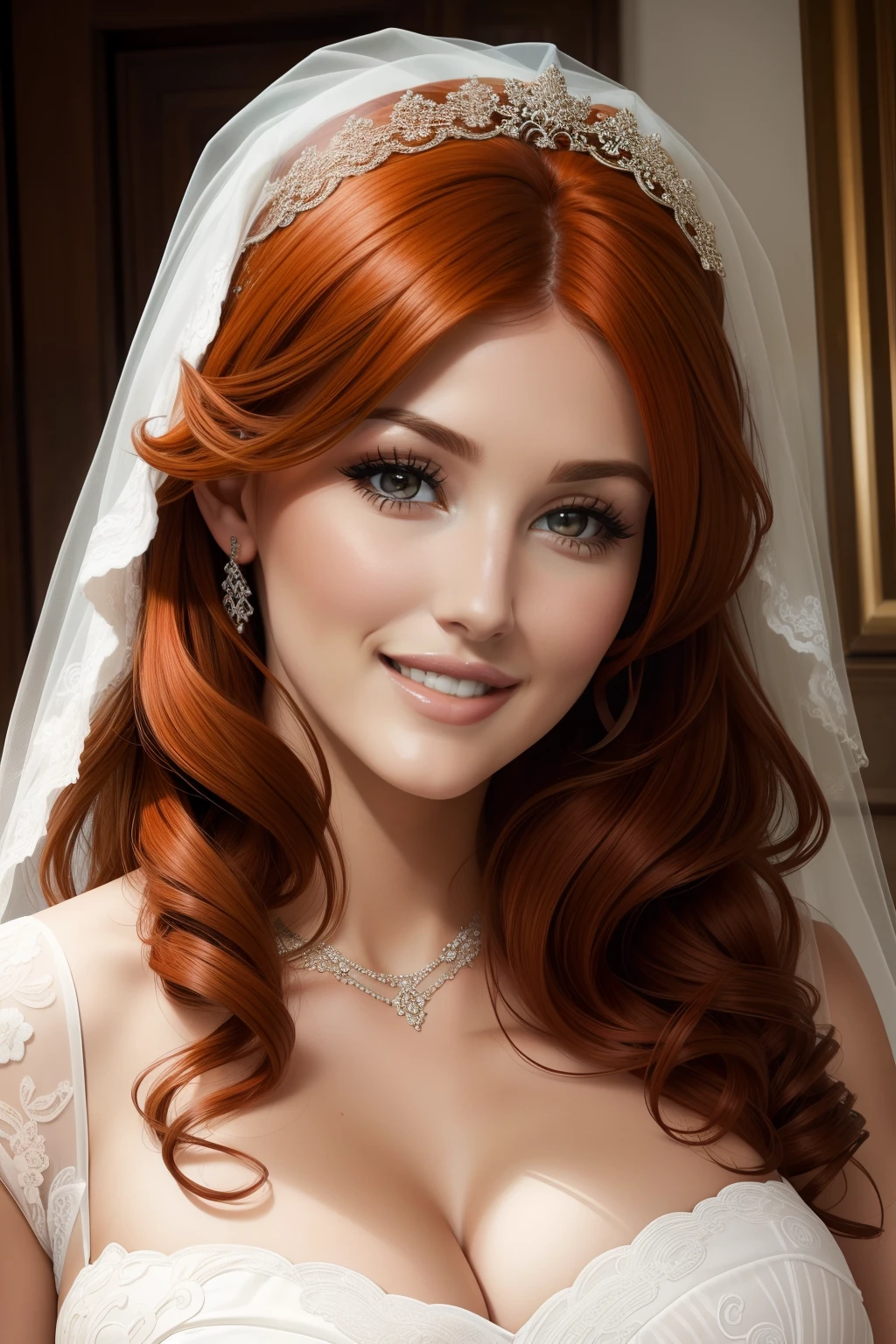 lucy pinder, face portrait, smiling, bride, red hair, curly hair, beautiful lips