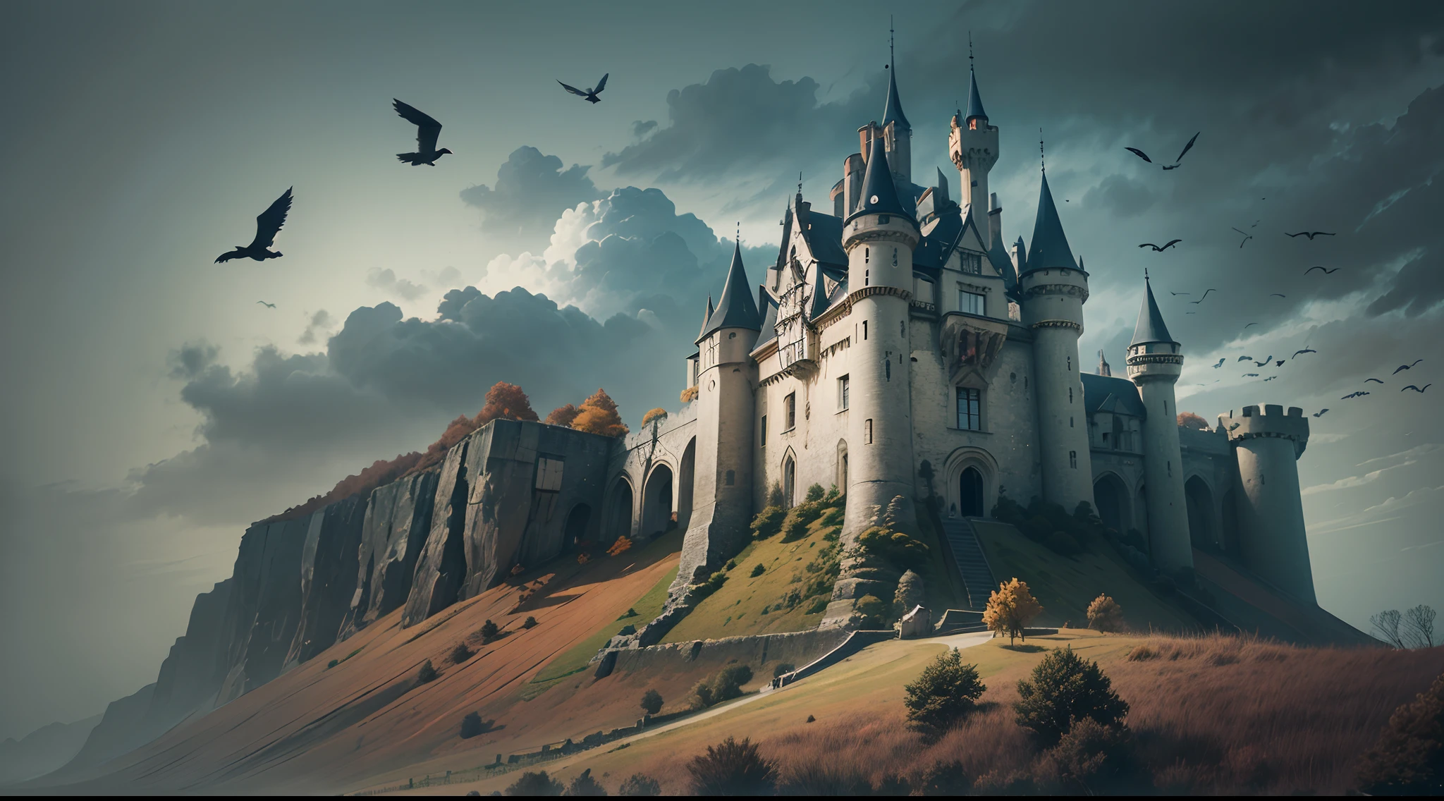 wide angle image of a gloomy castle, cliff, crows flying around the castle, fear, medieval --auto --s2