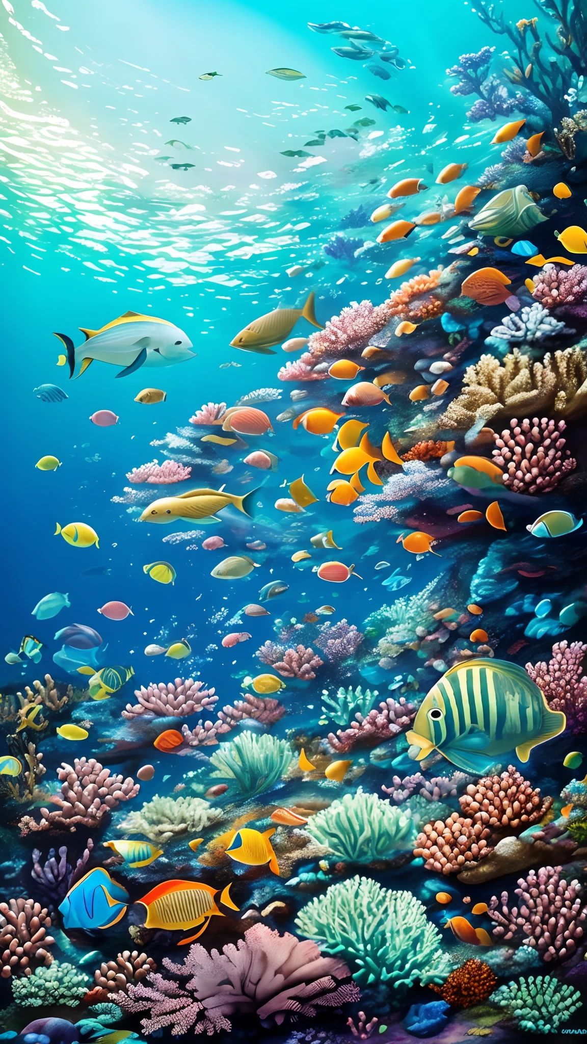 (Best quality,4K,8K,A high resolution,Masterpiece:1.2),Ultra-detailed,Realistic:1.37,Vivid colors,Underwater scene,Beautiful and detailed coral reef,The glorious sun penetrates the clear blue waters,Abundant marine life,Colorful exotic tropical fish,Gentle movement of seaweed,Crystal clear visibility,Ethereal atmosphere,serenity and calm,Soft natural lighting,Painted as skillfully as an oil painting,The subtle reflection of sunlight on the ocean floor,Peace and quiet,Awesome beauty,A fascinating underwater paradise,unimaginable richness and diversity,Various textures and patterns,Seamless blending of colors and shapes,Impressive biodiversity,Pay attention to every little detail,An underwater masterpiece crafted with great care,Impeccable clarity,spellbinding,spellbinding,Photorealistic rendering,Carefully rendered coral structures,whimsically,Dreamy,sumptuous artwork,Impressive realism,Sublime underwater ecosystem,A harmonious combination of life and nature.