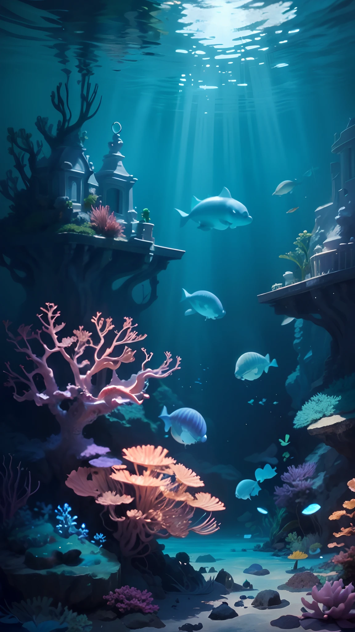 (Best quality,4K,8K,A high resolution,Masterpiece:1.2),Ultra-detailed,(Realistic,Photorealistic,photo-realistic:1.37),Underwater Kingdom,mythological creatures,Beautiful coral reef,Vivid colors,shining sun,The seaweed is gently waved,Sparkling sea,Diving fin reflexes,Endless blue depths,Hidden treasure,Majestic seahorse,Naughty dolphins,Elegant manta rays,A mysterious shipwreck,glowing jellyfish,Delicate shells,Serene mermaid,Fascinating underwater cave,Ancient ruins with vibrant marine life,Schools of colorful fish,Magical bioluminescent creatures,Tranquil ocean tranquility,Ethereal underwater lights,The lost underwater city,Diving expeditions,Explore the unknown,Uncover the secrets of the deep sea,Unforgettable underwater fantasy,Wonder and awe,An artistic portrayal of the marine world.