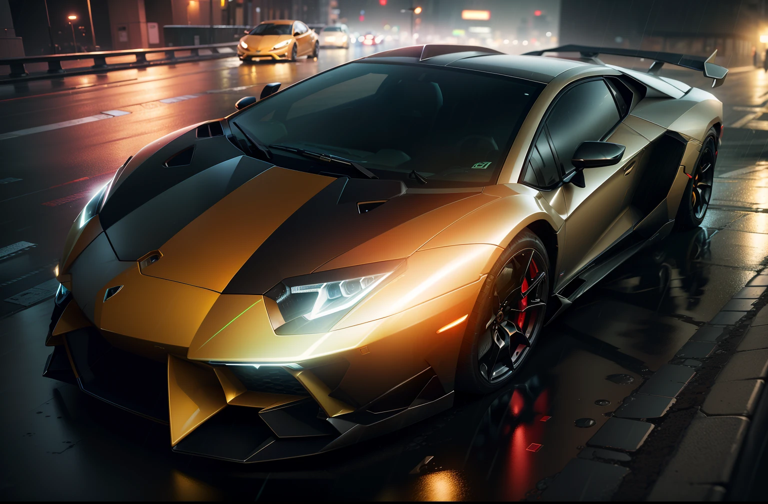 1 car, lamborghini aventador, City street, futuristic, cyber, cyberpunk, night, Rainy, rainy, beautiful lighting, colorful lighting, super detailed, wallpaper, 8k quality, masterpiece