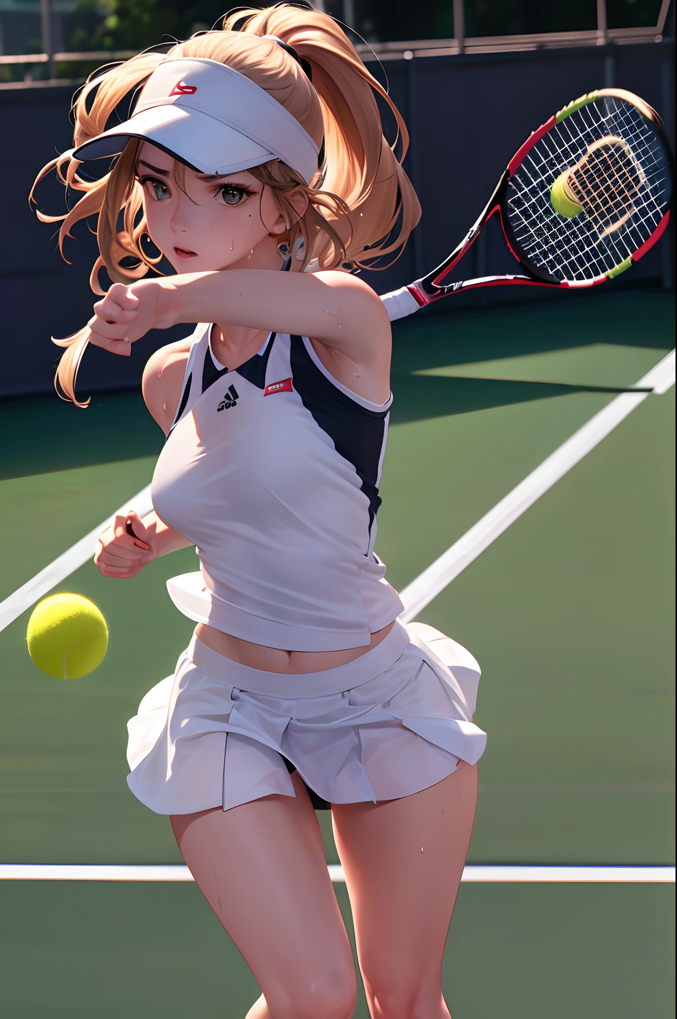 (Best Quality,8K,hight resolution,masuter piece:1.2),Ultra-detailed,Realistic:1.37,Portrait,Dynamic Angle,(Female tennis players) ,age girl,small head,Cute,Sporty,Charming face,Detailed beauty face,Very realistic skin,Wet skin,Sweat,Large breasts,nice legs,Skirt fluttering ,Sporty,Tennis Competition Venues ,Cinematic lighting,