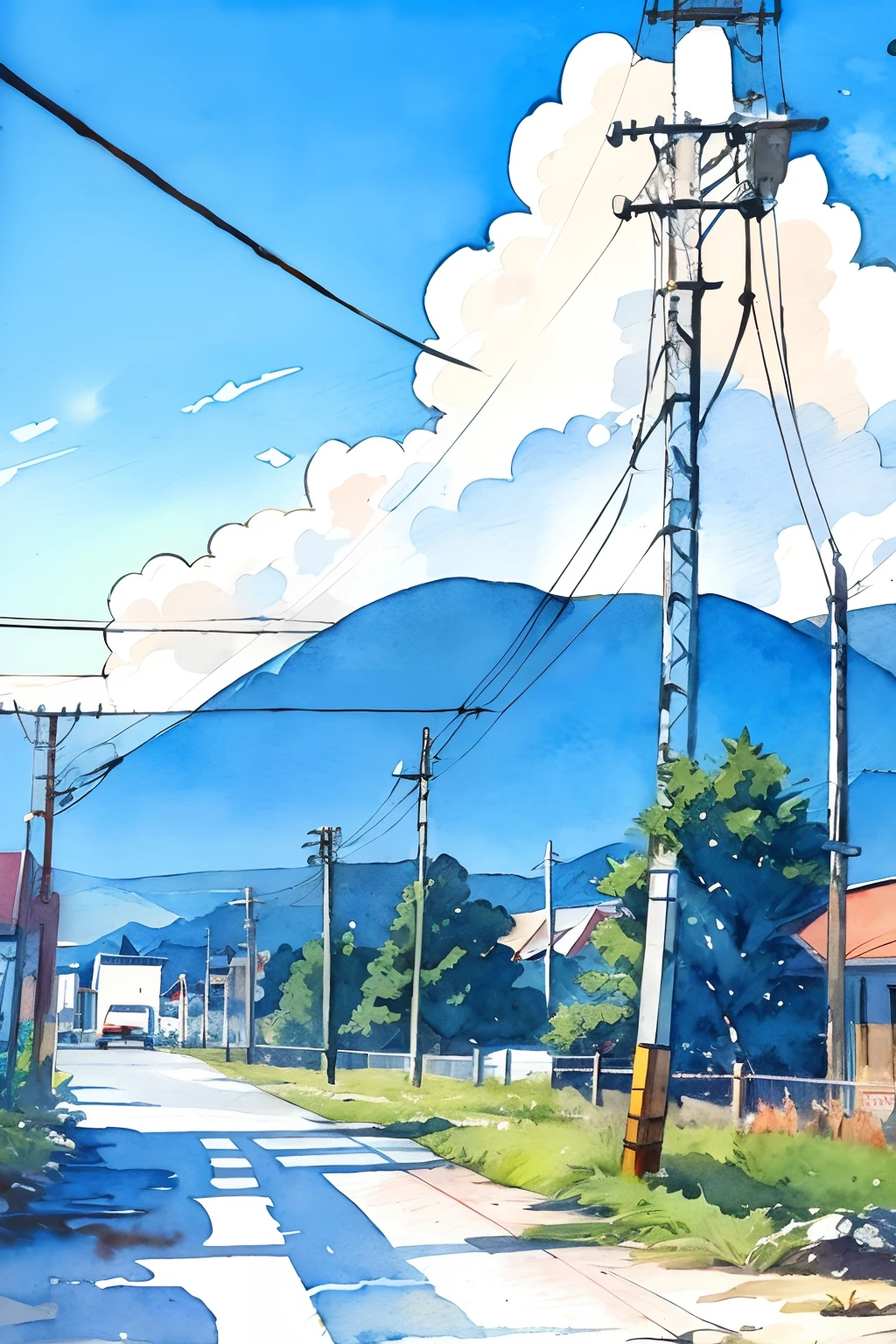 No humans, Outdoors, Power lines, Duan, skyporn, utility pole, tree, Scenery, Traditional Media, day, cloud, plant, Blue sky, mountain road, building, bush, tussock, Painting (Medium), watercolor paiting (Medium), Town