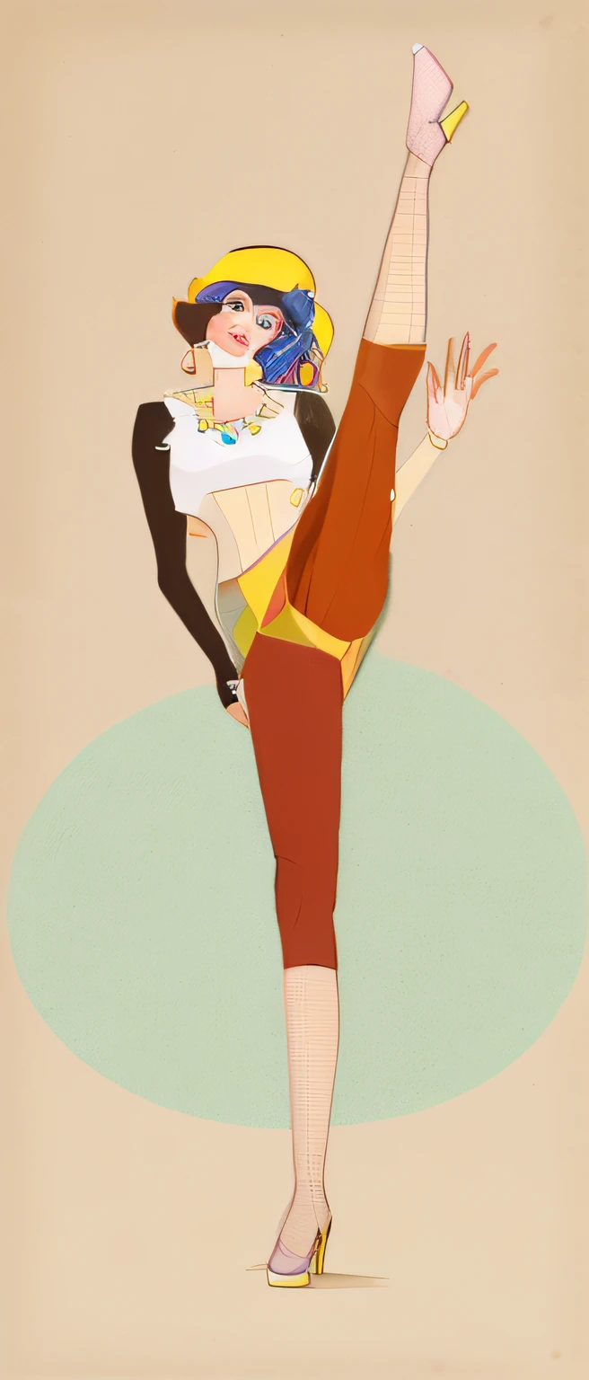 Painting of Alafed with a woman in a dress and hat doing a kick, Inspired by Egon Schiele, Vector style drawing, inspired by Raphael Kirchner, fashion illustration, the pose, Fashion poses, by Tanaka Isson, by Naka Bokunen, Inspired by Tomer Hanukkah, neutral pose, Inspired by Chantal Joffe