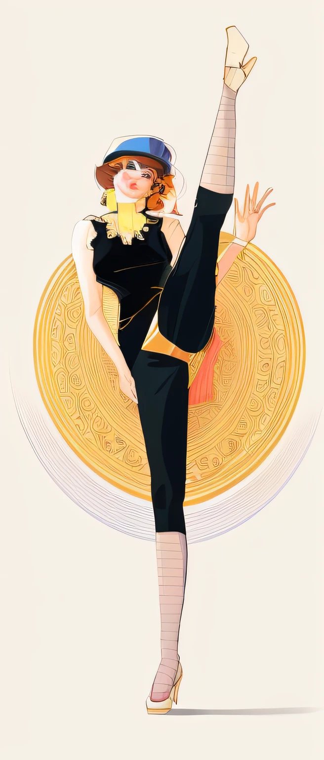 Painting of Alafed with a woman in a dress and hat doing a kick, Inspired by Egon Schiele, Vector style drawing, inspired by Raphael Kirchner, fashion illustration, the pose, Fashion poses, by Tanaka Isson, by Naka Bokunen, Inspired by Tomer Hanukkah, neutral pose, Inspired by Chantal Joffe