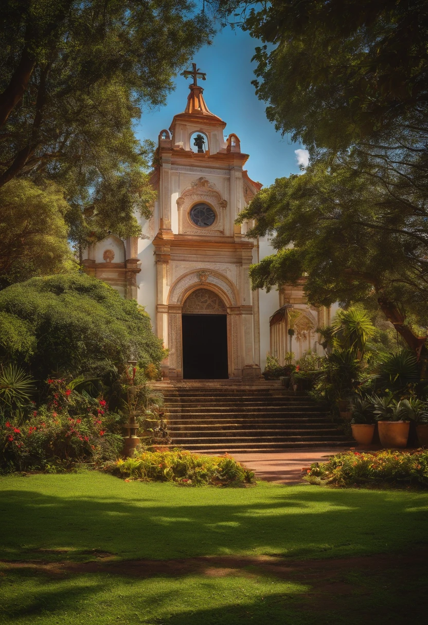 igreja simpatica, a beira de um rio, kids playing in garden, style disney