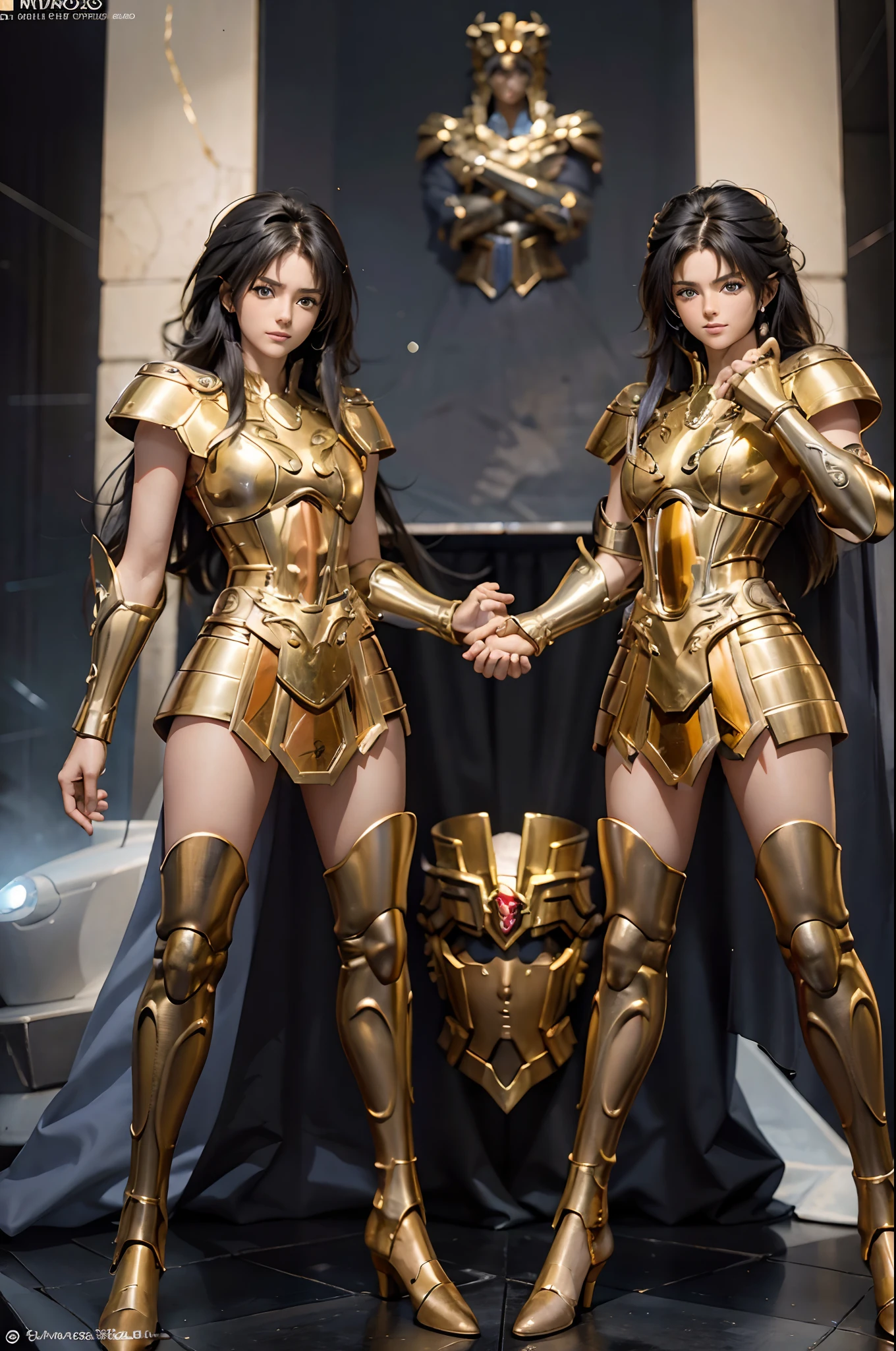 Dos mujeres con armadura de saint seiya gemini posando para una foto, , Hermosas gemelas Sci - Fi, Dos hermosas chicas pechos muy grandes y cola grande muslos hechizantes cuerpo completo y cola grande  Ojos azules y cara extremadamente detallados,hermosos ojos ultra 4k detallados, profesional,