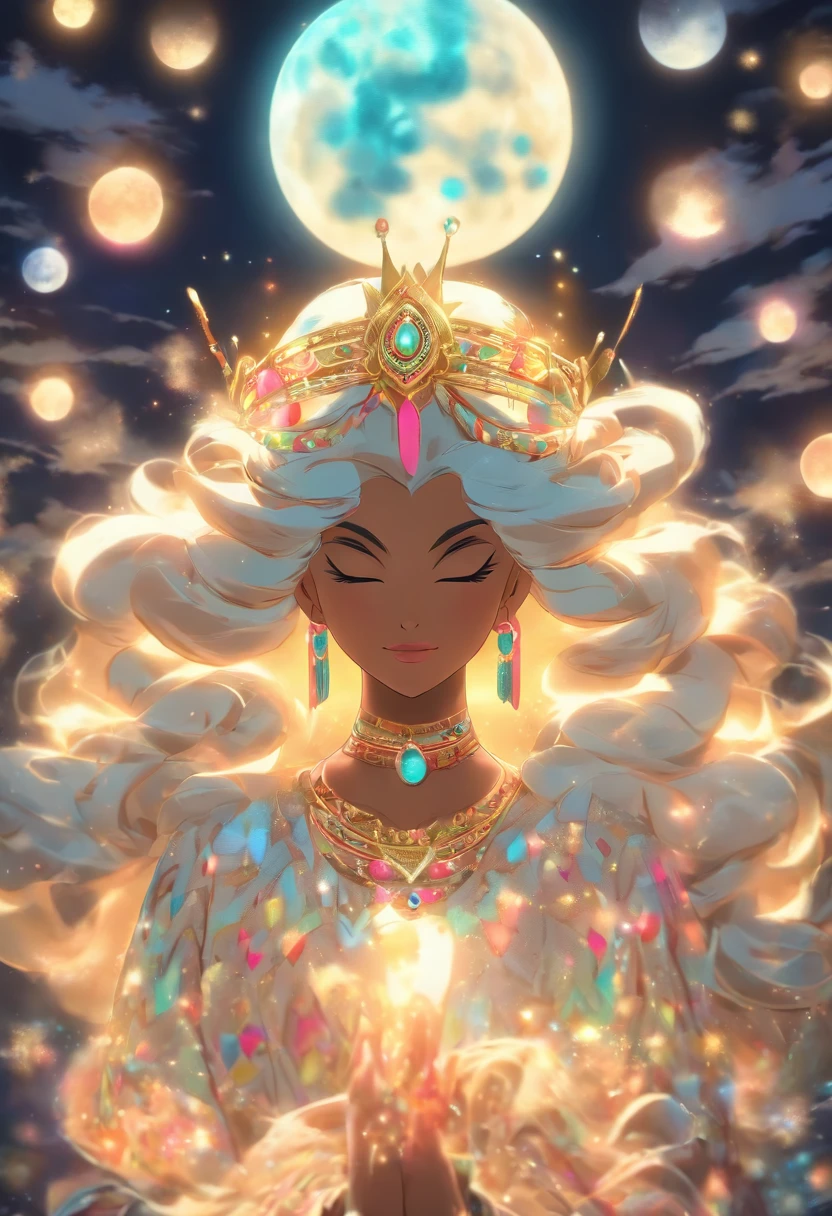 (((MAMA QUILLA))) best quality, ultra-high resolution, 4K detailed CG, masterpiece, Moon Goddess, Moon adornment, moonlight, Andes, Peruvian clothing, Inca mythology, Peruvian, aesthetics, (( Moon crown)), Beautiful image, centered on the screen